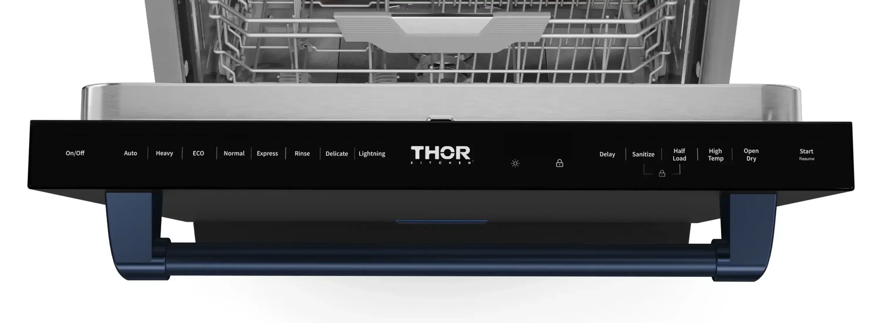 Gordon Ramsay by Thor Kitchen 4-Piece Appliance Package -  48-Inch Propane Gas Range, Wall Mount Range Hood, 36-Inch French Door Refrigerator, and Dishwasher in Black with Blue Trim - Image 27