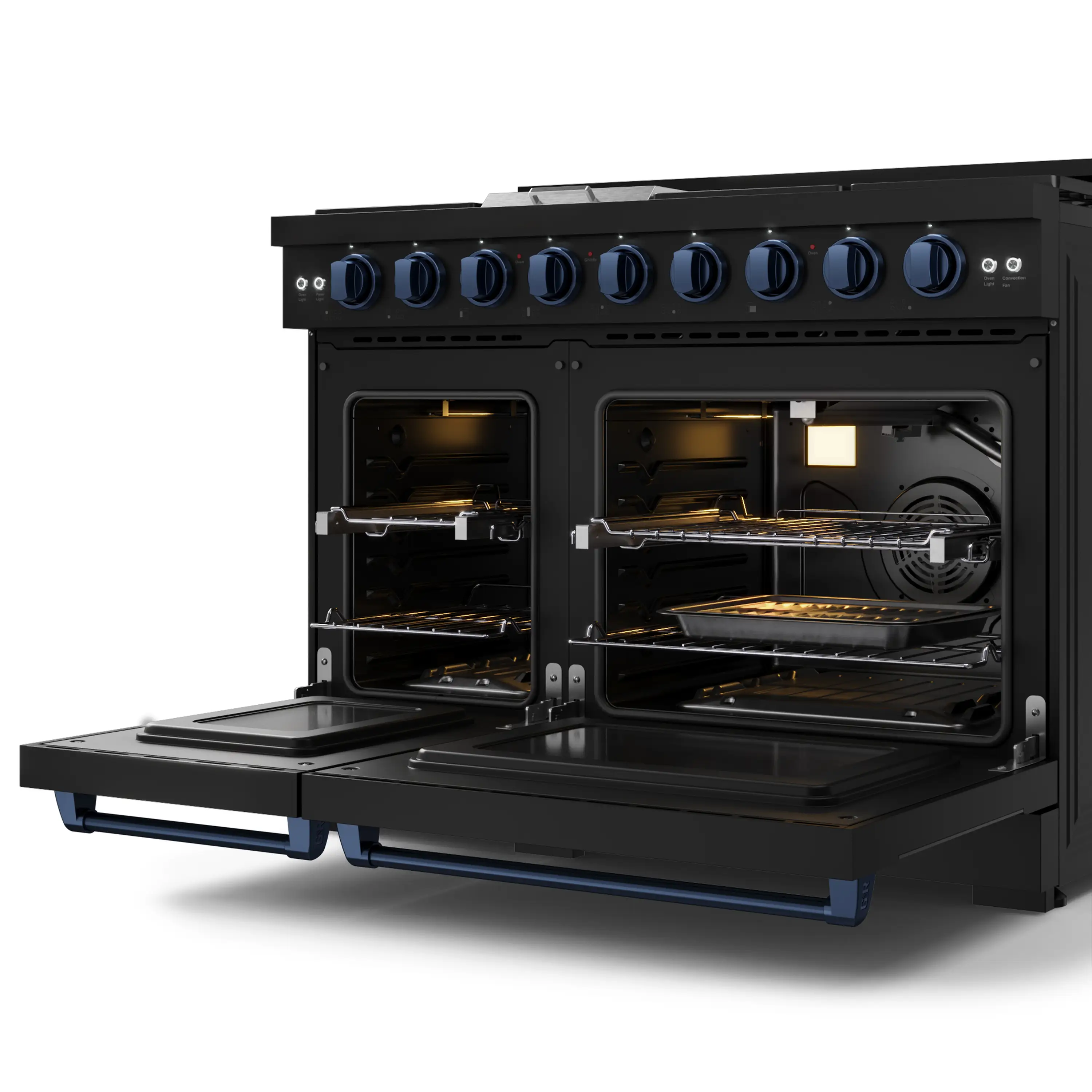 Gordon Ramsay by Thor Kitchen 4-Piece Appliance Package -  48-Inch Propane Gas Range, Wall Mount Range Hood, 36-Inch French Door Refrigerator, and Dishwasher in Black with Blue Trim - Image 9