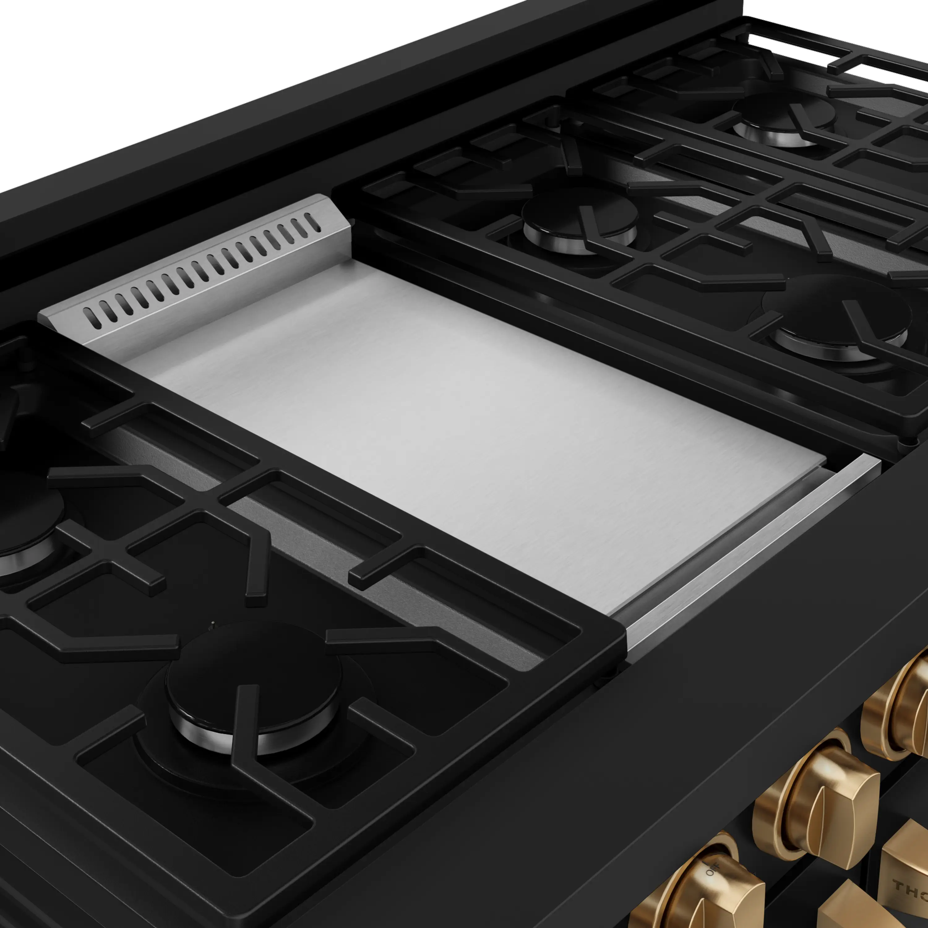 Gordon Ramsay by Thor Kitchen 4-Piece Appliance Package -  48-Inch Propane Gas Range, Wall Mount Range Hood, 36-Inch French Door Refrigerator, and Dishwasher in Black with Bronze Trim - Image 16