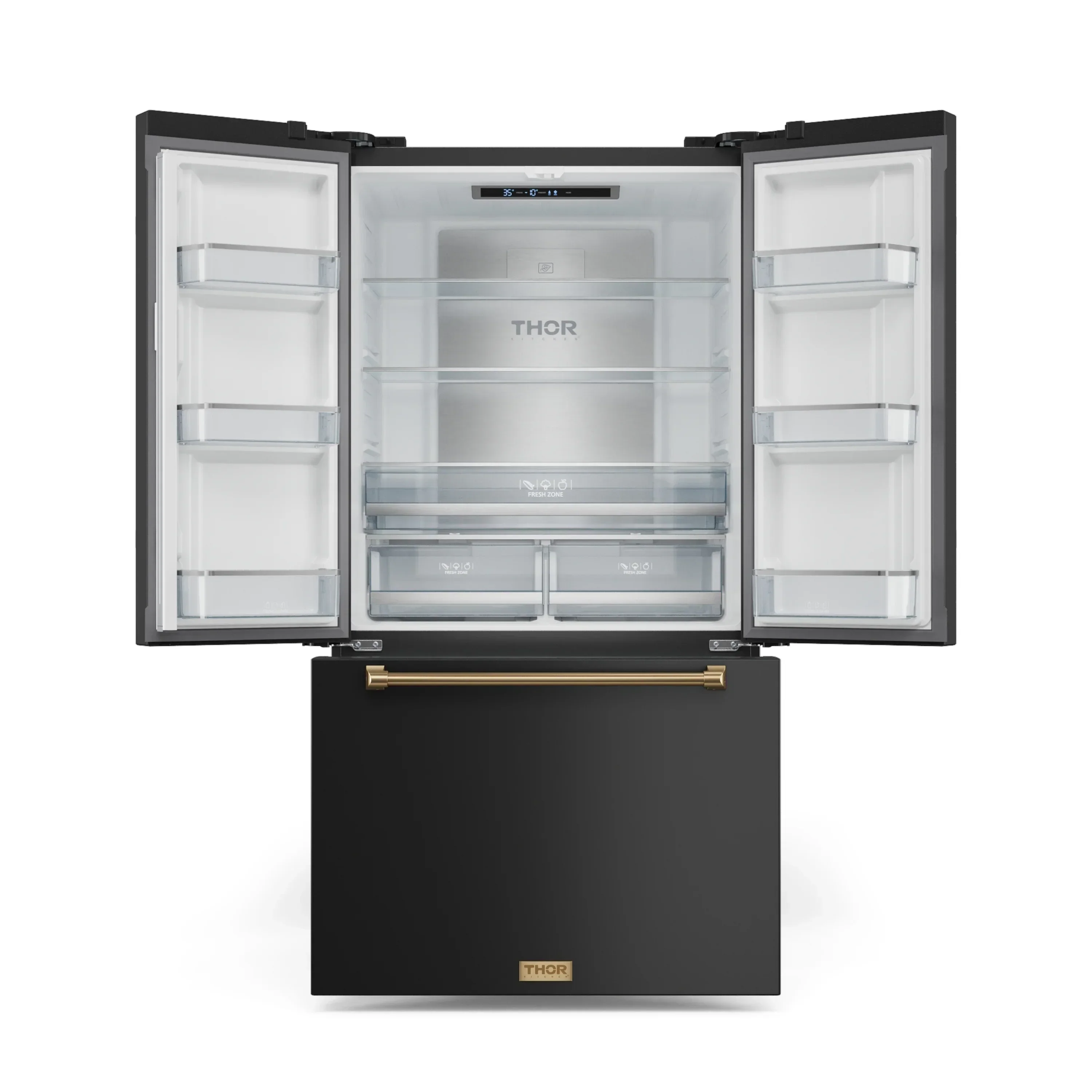 Gordon Ramsay by Thor Kitchen 4-Piece Appliance Package -  48-Inch Propane Gas Range, Wall Mount Range Hood, 36-Inch French Door Refrigerator, and Dishwasher in Black with Bronze Trim - Image 21
