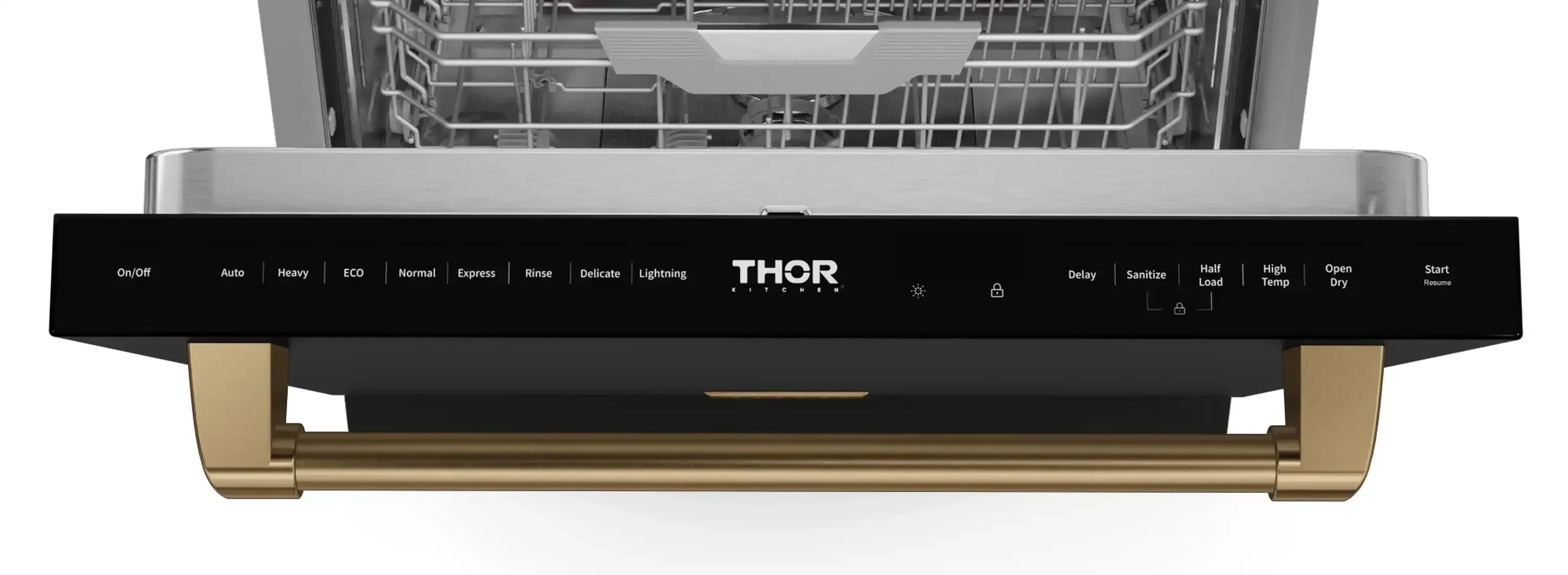 Gordon Ramsay by Thor Kitchen 4-Piece Appliance Package -  48-Inch Propane Gas Range, Wall Mount Range Hood, 36-Inch French Door Refrigerator, and Dishwasher in Black with Bronze Trim - Image 32