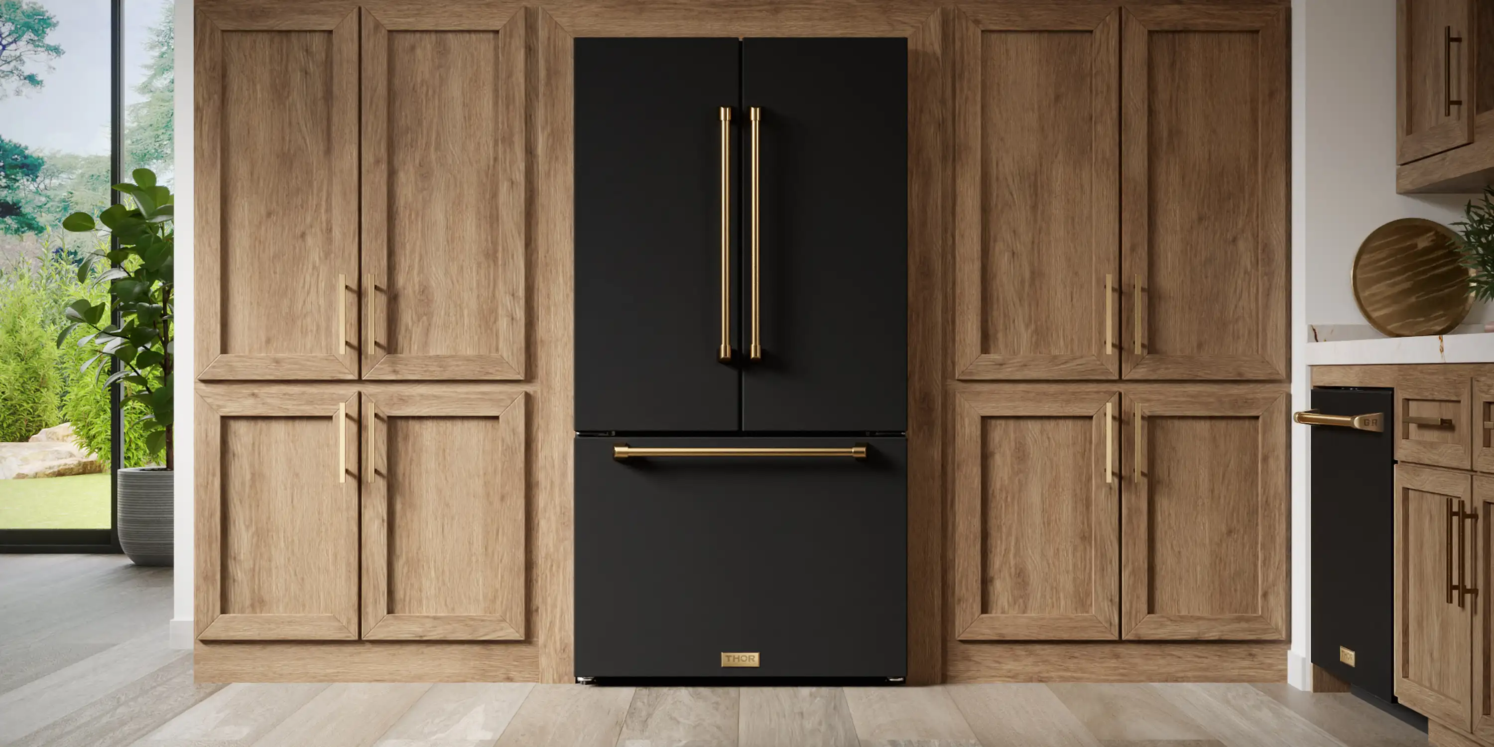 Gordon Ramsay by Thor Kitchen 4-Piece Appliance Package -  48-Inch Propane Gas Range, Wall Mount Range Hood, 36-Inch French Door Refrigerator, and Dishwasher in Black with Bronze Trim - Image 5