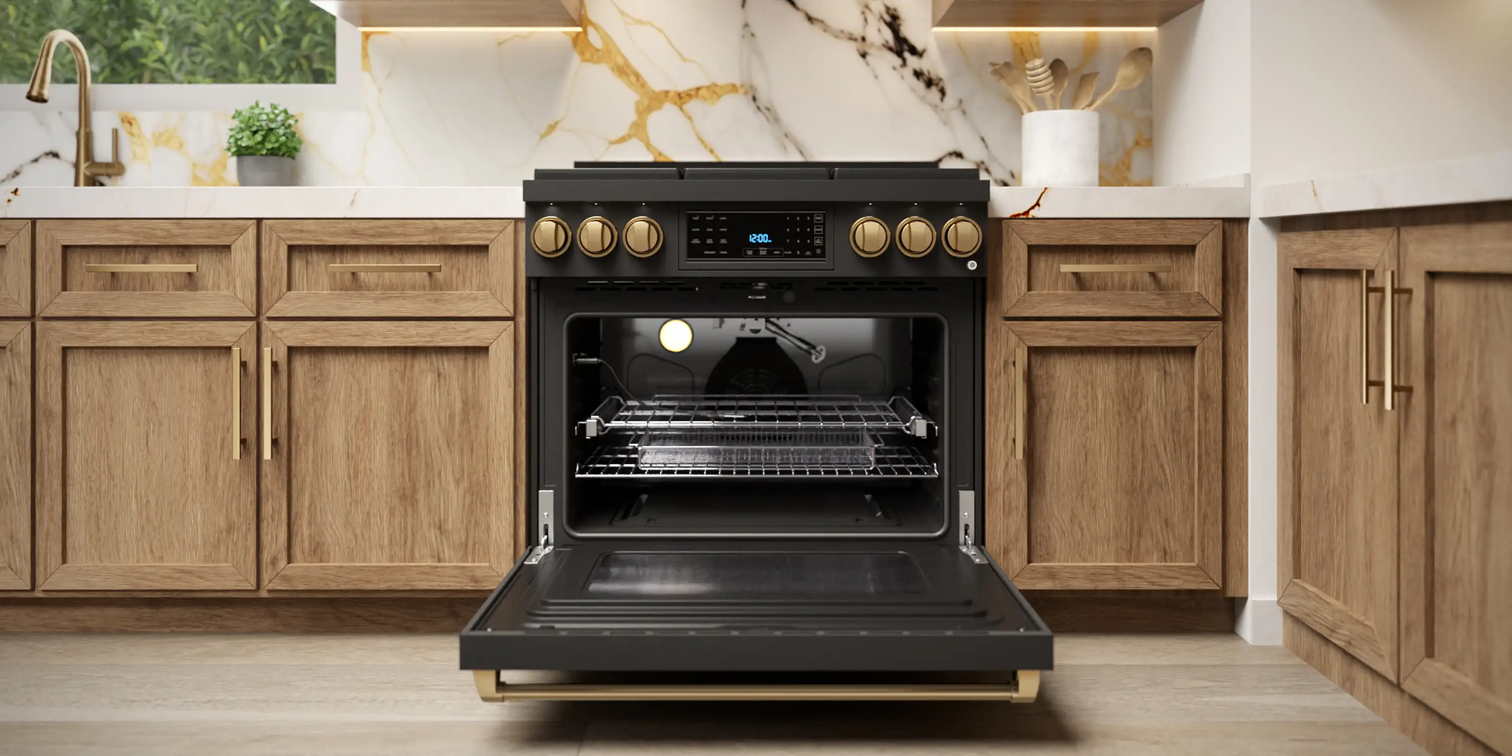 Gordon Ramsay by Thor Kitchen 4-Piece Appliance Package -  48-Inch Propane Gas Range, Wall Mount Range Hood, 36-Inch French Door Refrigerator, and Dishwasher in Black with Bronze Trim - Image 8