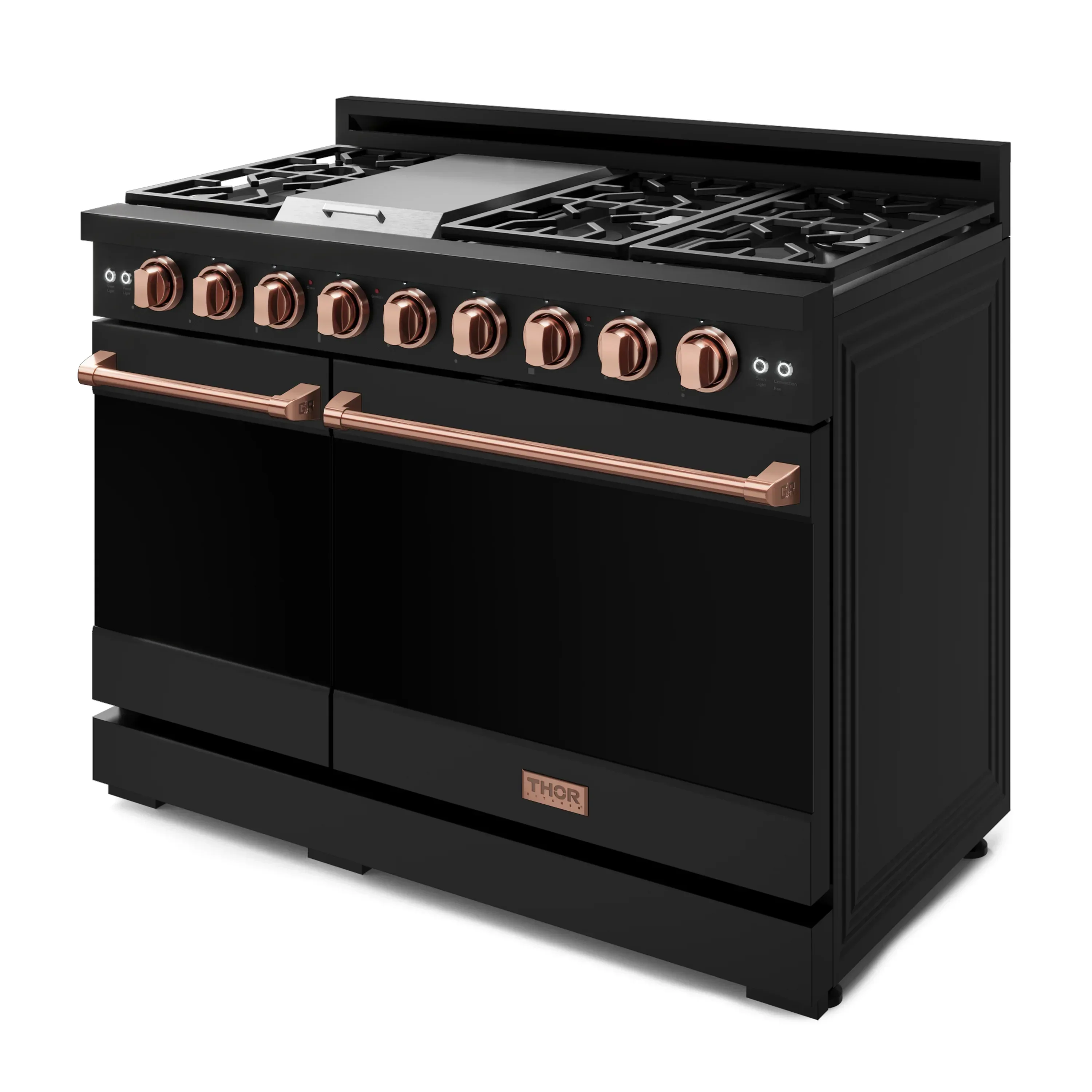 Gordon Ramsay by Thor Kitchen 4-Piece Appliance Package -  48-Inch Propane Gas Range, Wall Mount Range Hood, 36-Inch French Door Refrigerator, and Dishwasher in Black with Rose Gold Trim - Image 7