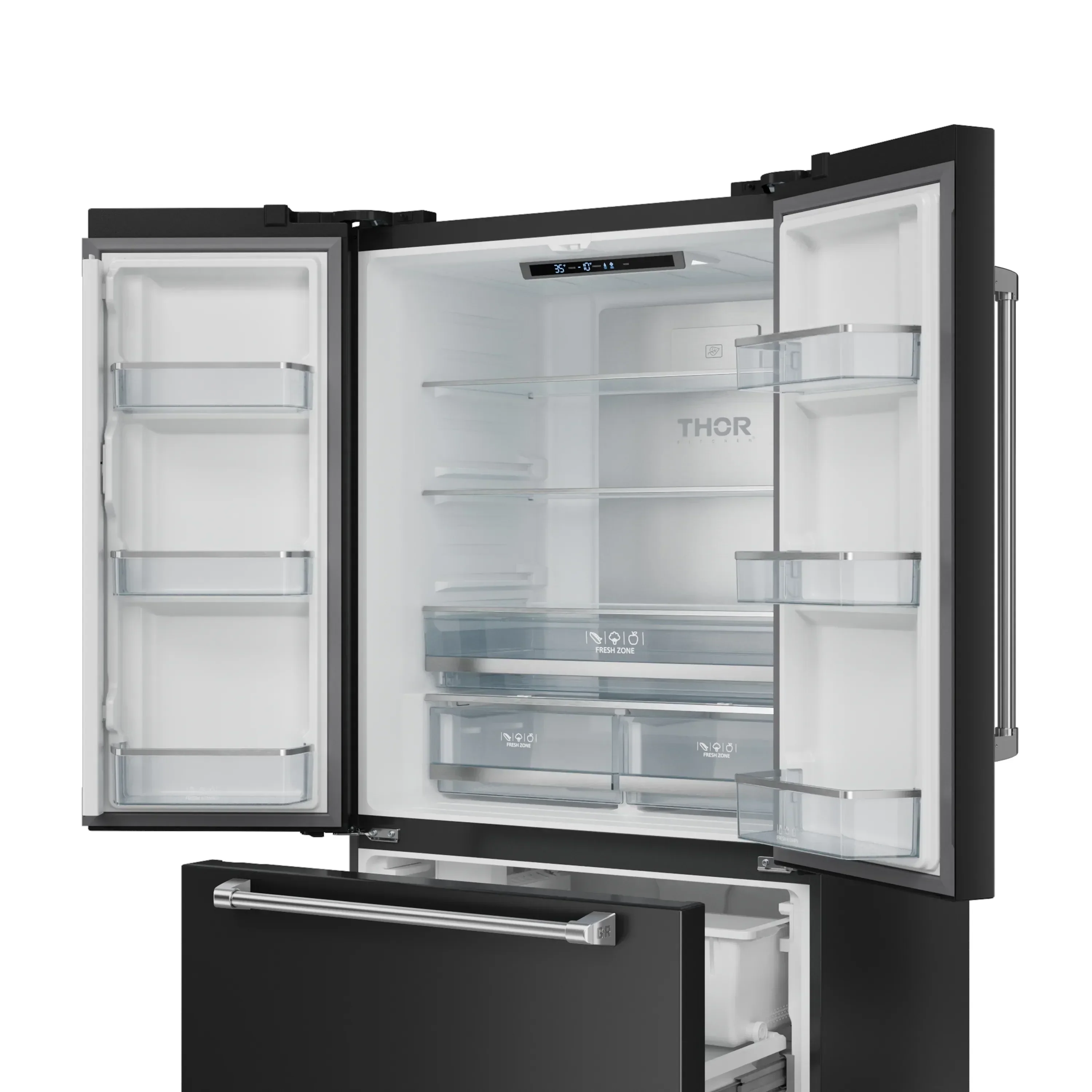 Gordon Ramsay by Thor Kitchen 4-Piece Appliance Package -  48-Inch Propane Gas Range, Wall Mount Range Hood, 36-Inch French Door Refrigerator, and Dishwasher in Black with Stainless Steel Trim - Image 17