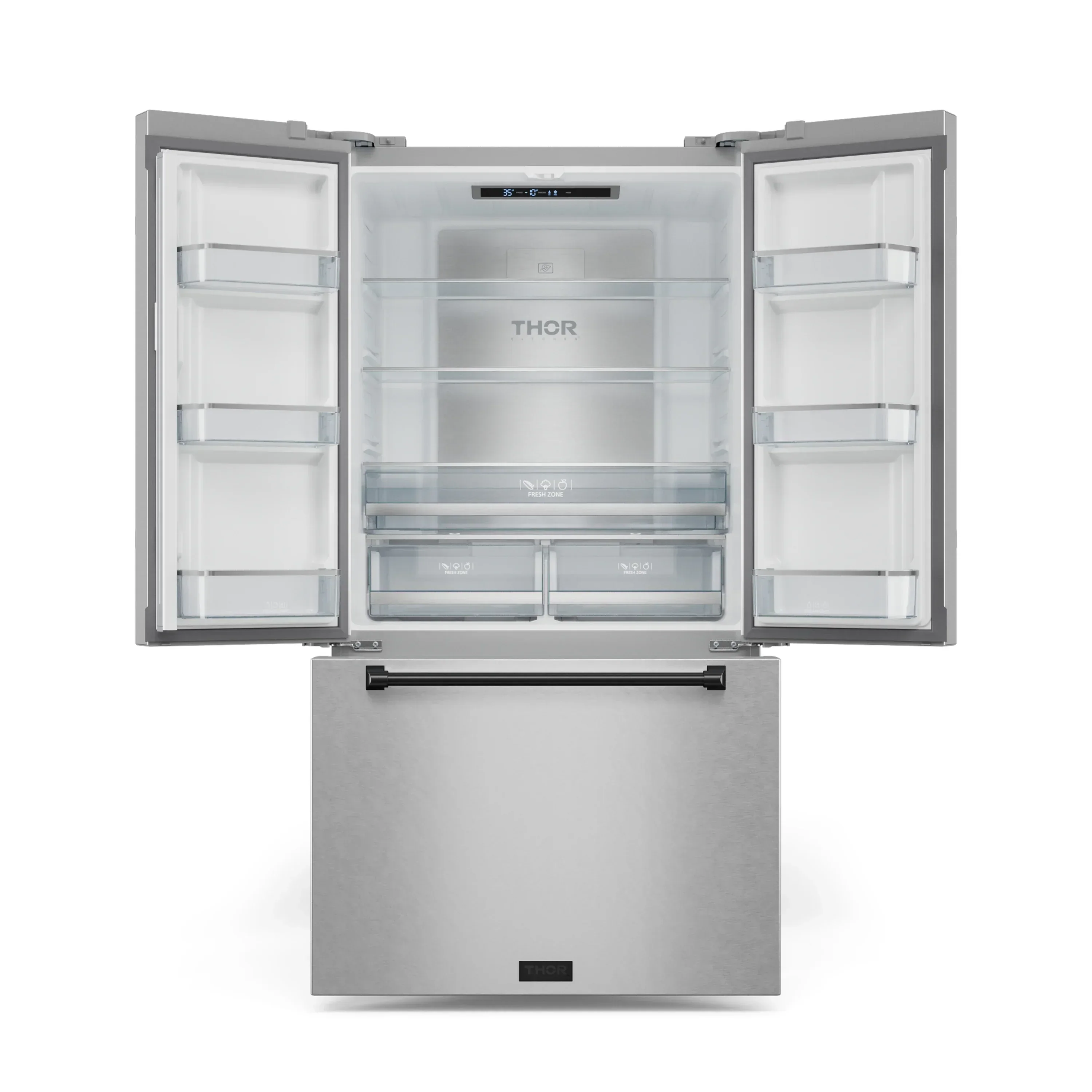 Gordon Ramsay by Thor Kitchen 4-Piece Appliance Package -  48-Inch Propane Gas Range, Wall Mount Range Hood, 36-Inch French Door Refrigerator, and Dishwasher in Stainless Steel with Black Trim - Image 16