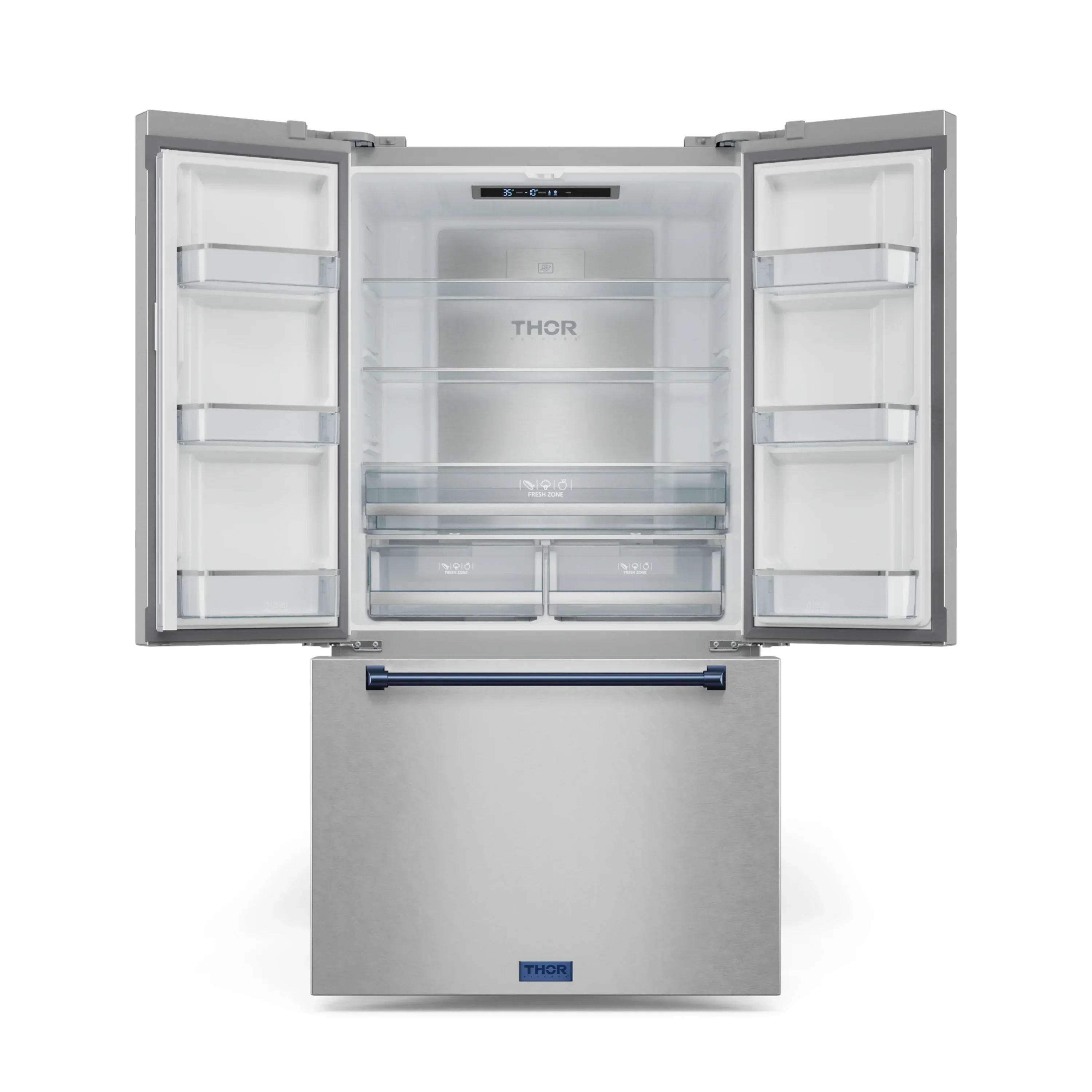 Gordon Ramsay by Thor Kitchen 4-Piece Appliance Package -  48-Inch Propane Gas Range, Wall Mount Range Hood, 36-Inch French Door Refrigerator, and Dishwasher in Stainless Steel with Blue Trim - Image 16