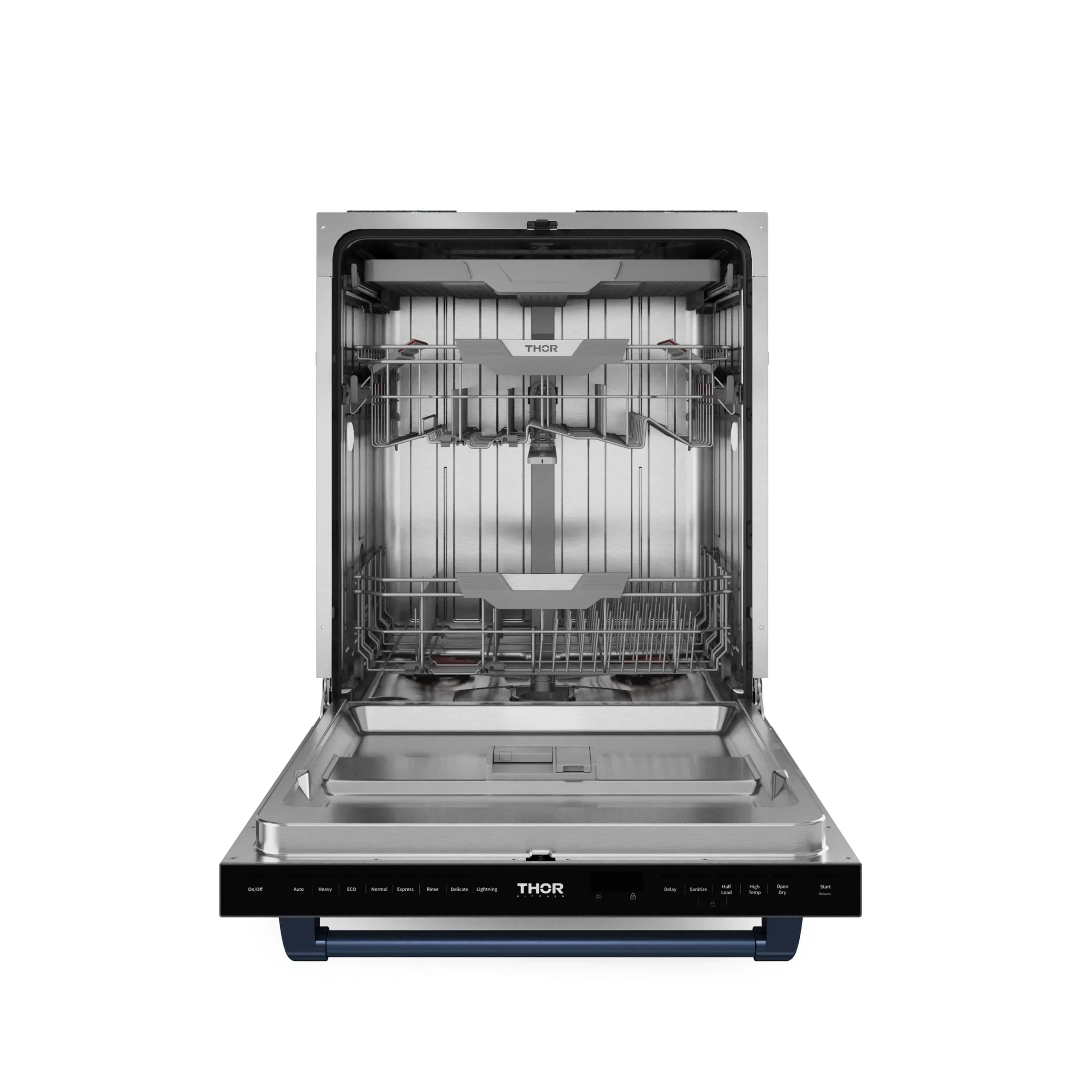 Gordon Ramsay by Thor Kitchen 4-Piece Appliance Package -  48-Inch Propane Gas Range, Wall Mount Range Hood, 36-Inch French Door Refrigerator, and Dishwasher in Stainless Steel with Blue Trim - Image 24