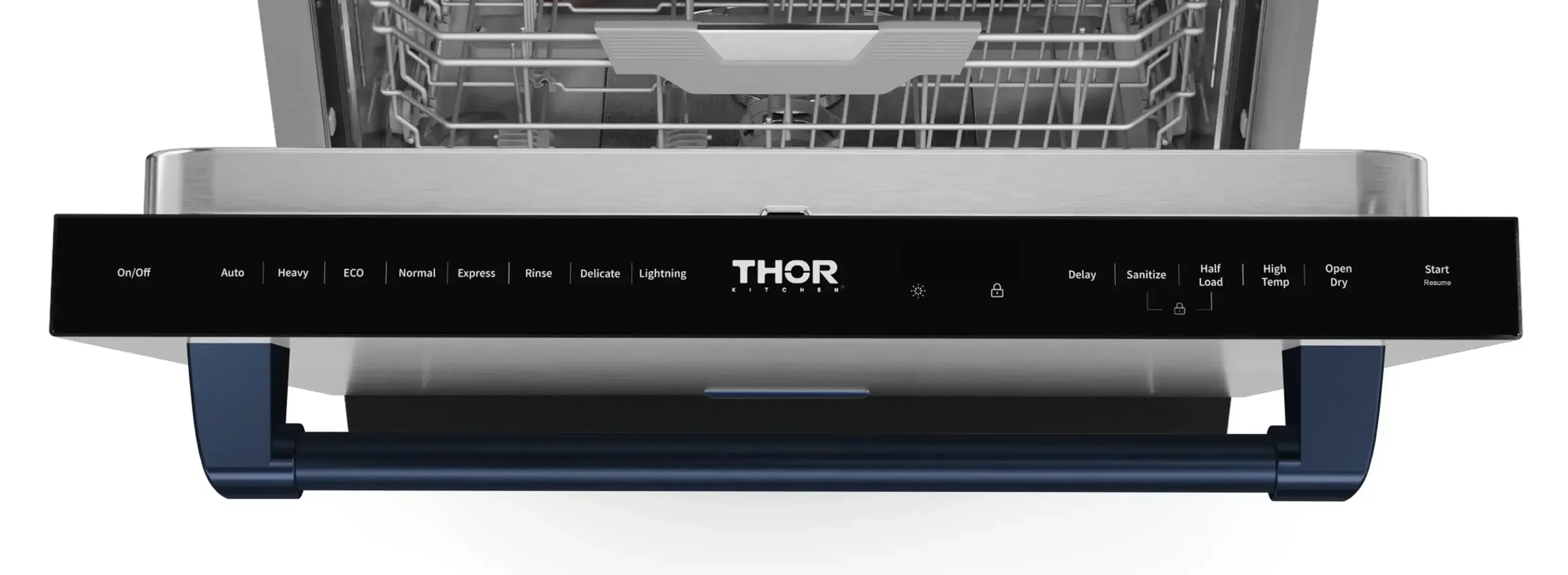 Gordon Ramsay by Thor Kitchen 4-Piece Appliance Package -  48-Inch Propane Gas Range, Wall Mount Range Hood, 36-Inch French Door Refrigerator, and Dishwasher in Stainless Steel with Blue Trim - Image 27