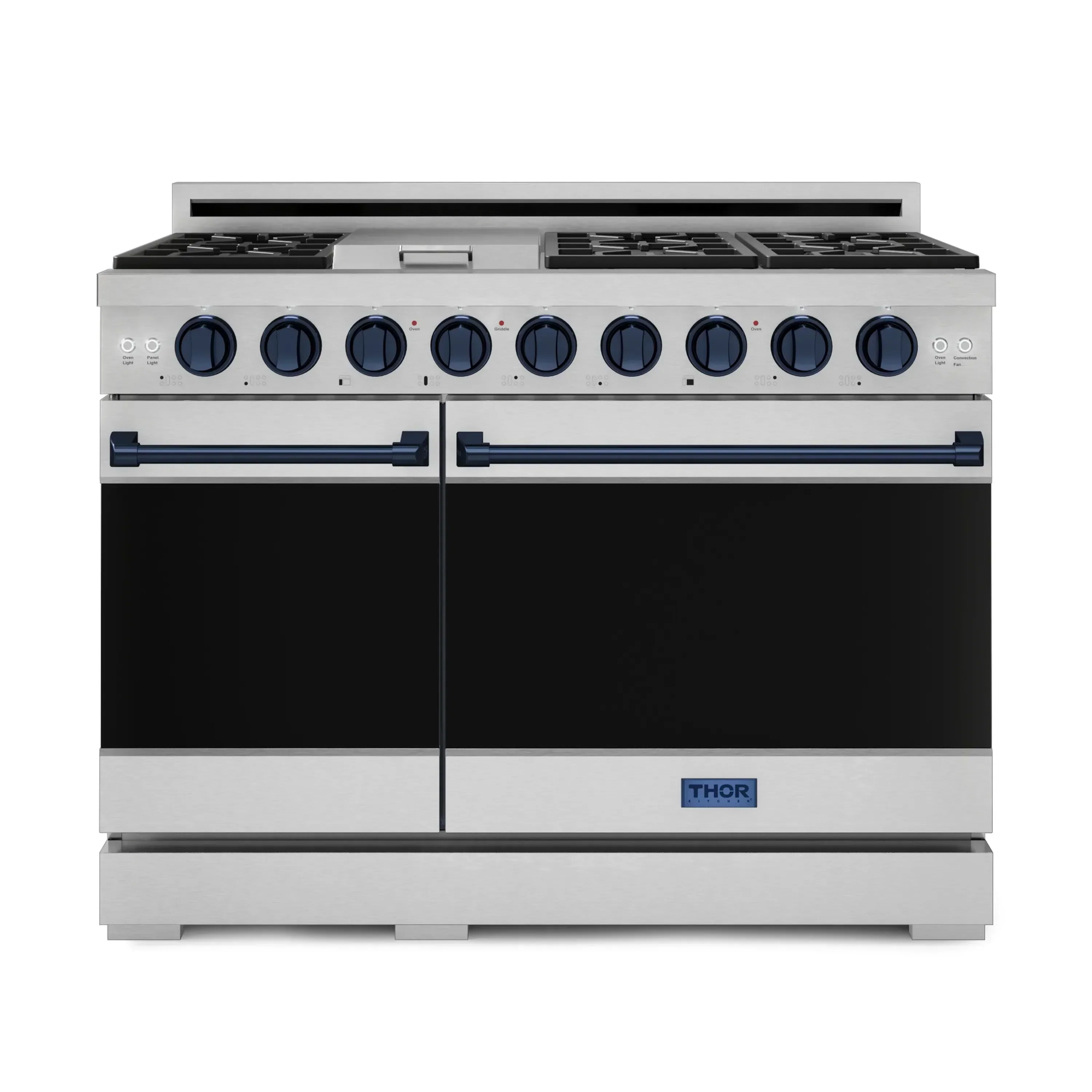 Gordon Ramsay by Thor Kitchen 4-Piece Appliance Package -  48-Inch Propane Gas Range, Wall Mount Range Hood, 36-Inch French Door Refrigerator, and Dishwasher in Stainless Steel with Blue Trim - Image 4