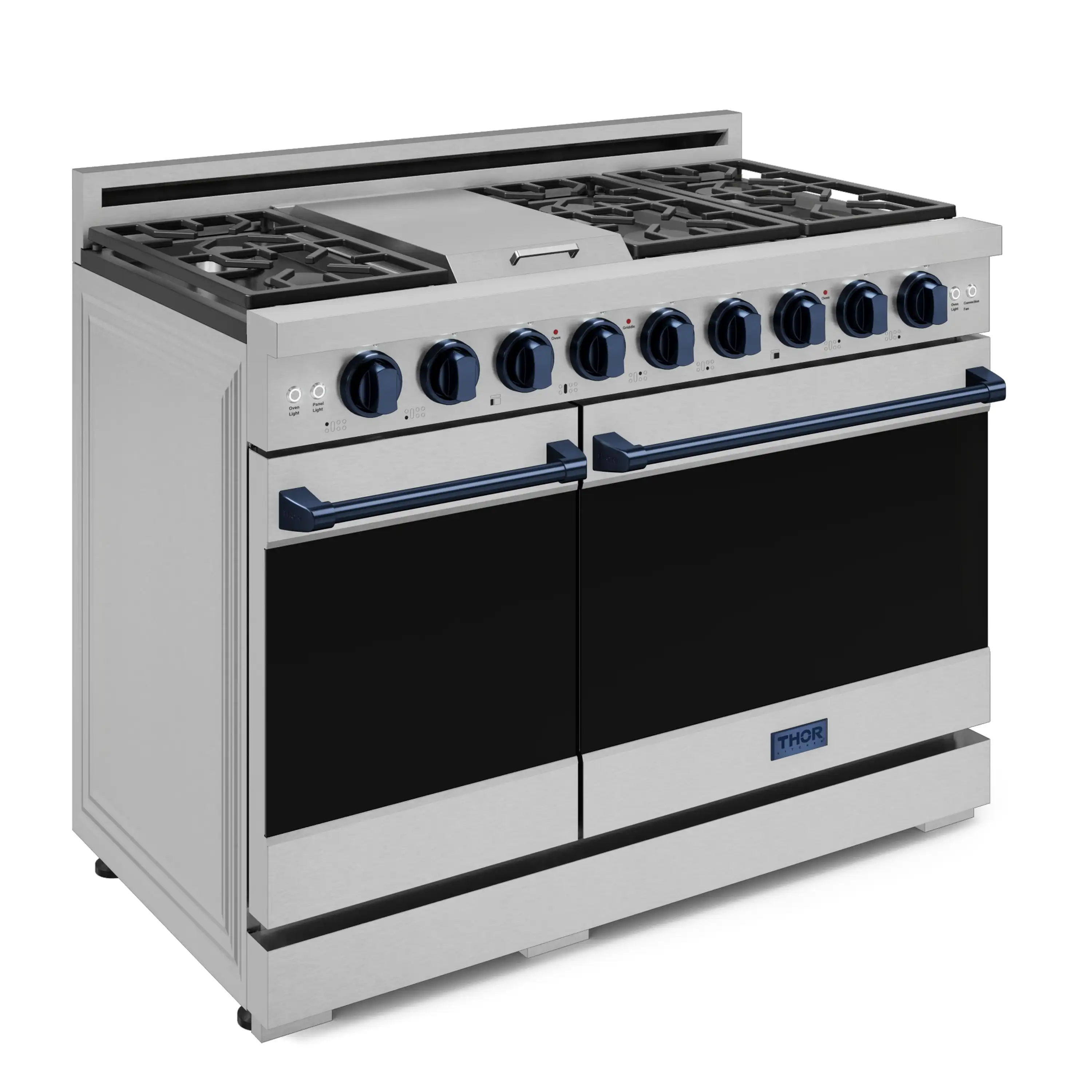 Gordon Ramsay by Thor Kitchen 4-Piece Appliance Package -  48-Inch Propane Gas Range, Wall Mount Range Hood, 36-Inch French Door Refrigerator, and Dishwasher in Stainless Steel with Blue Trim - Image 6