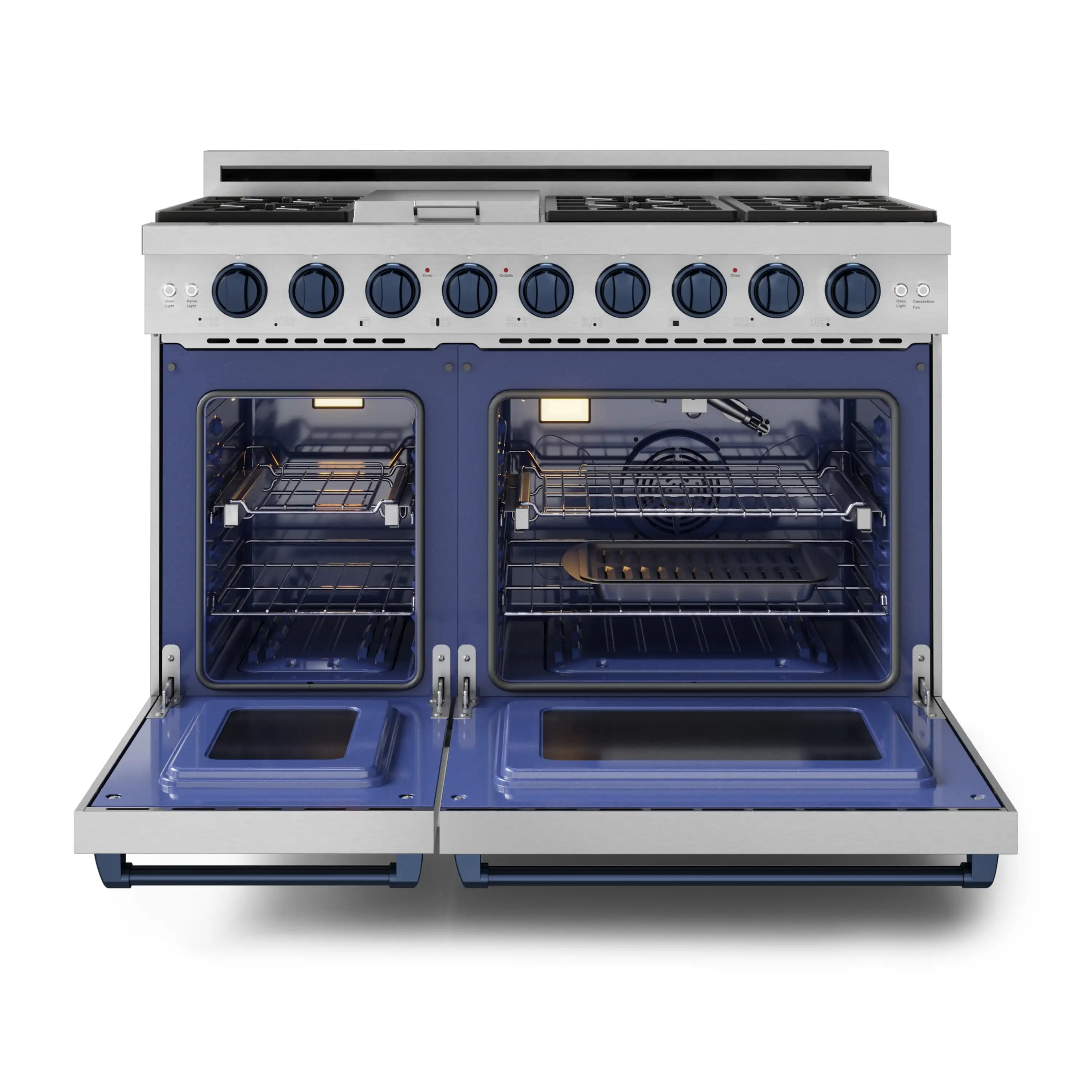 Gordon Ramsay by Thor Kitchen 4-Piece Appliance Package -  48-Inch Propane Gas Range, Wall Mount Range Hood, 36-Inch French Door Refrigerator, and Dishwasher in Stainless Steel with Blue Trim - Image 8