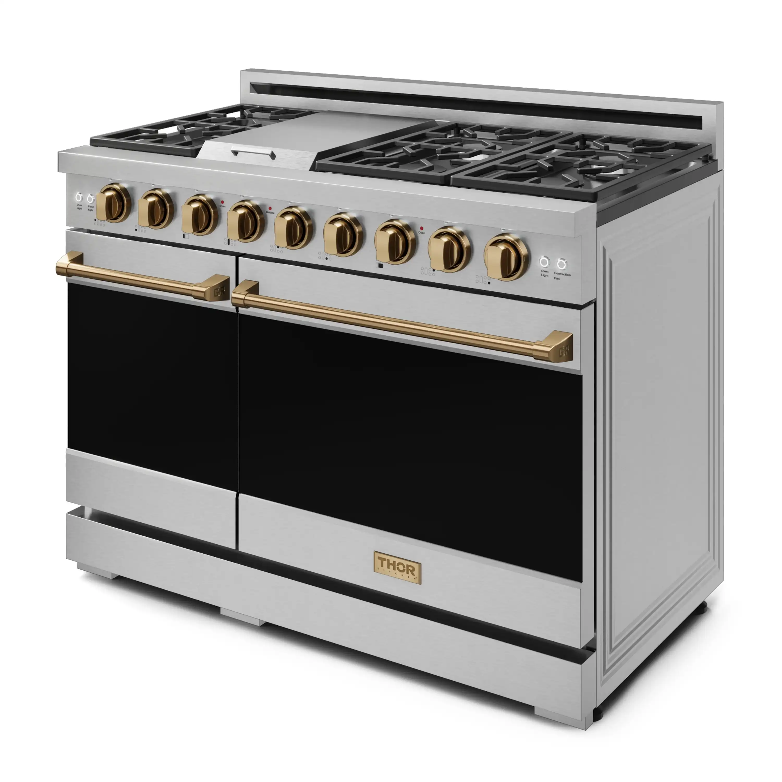 Gordon Ramsay by Thor Kitchen 4-Piece Appliance Package -  48-Inch Propane Gas Range, Wall Mount Range Hood, 36-Inch French Door Refrigerator, and Dishwasher in Stainless Steel with Bronze Trim - Image 10