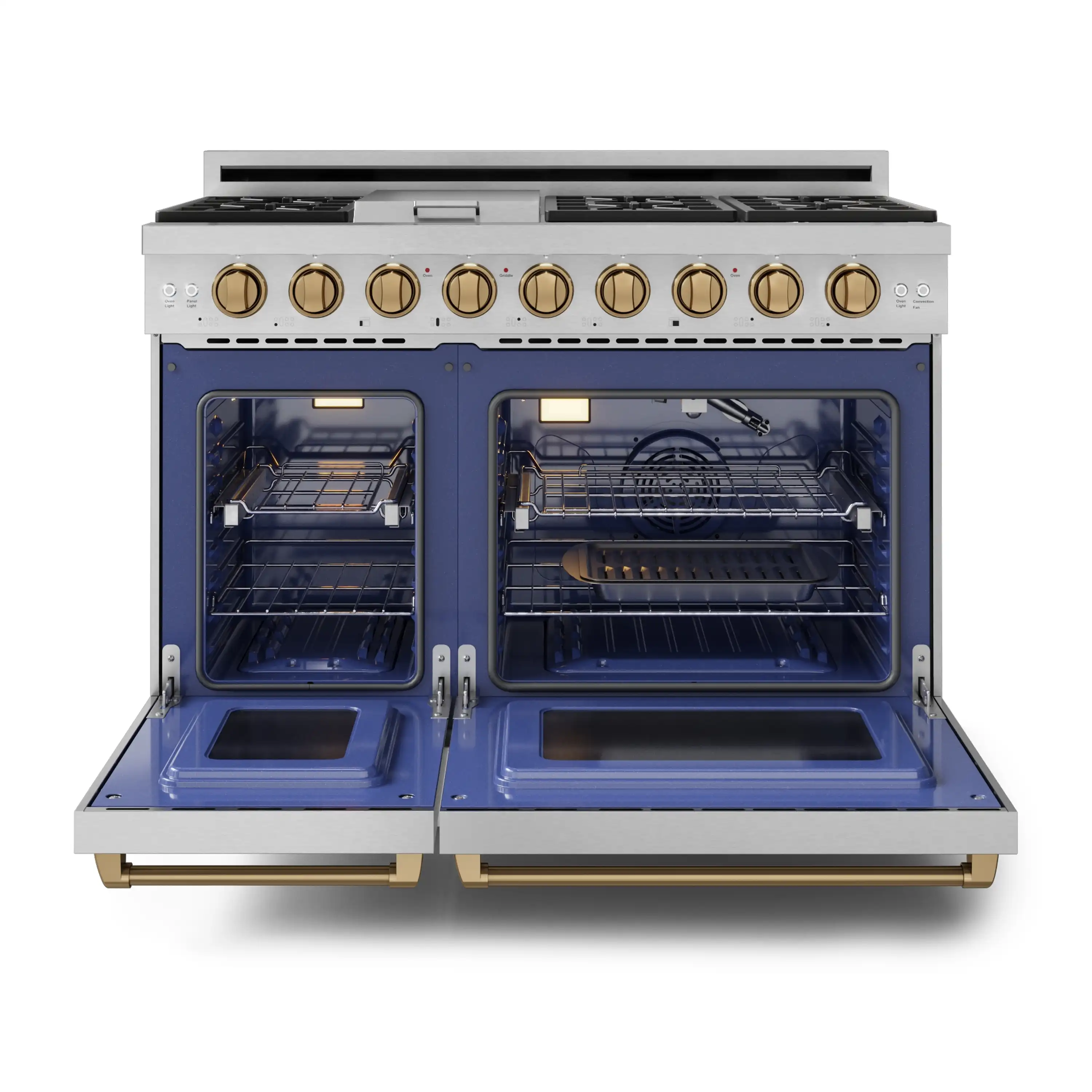 Gordon Ramsay by Thor Kitchen 4-Piece Appliance Package -  48-Inch Propane Gas Range, Wall Mount Range Hood, 36-Inch French Door Refrigerator, and Dishwasher in Stainless Steel with Bronze Trim - Image 11