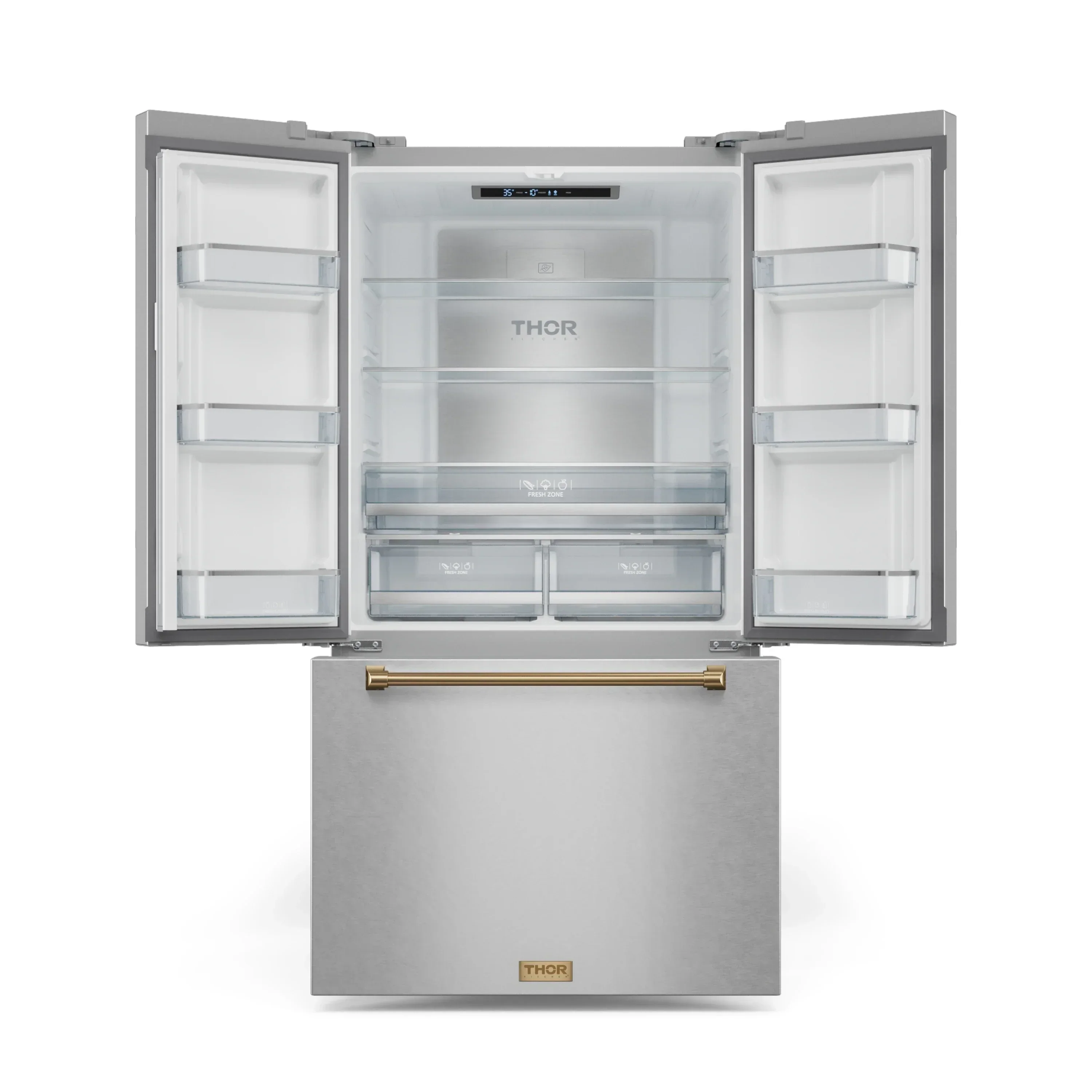 Gordon Ramsay by Thor Kitchen 4-Piece Appliance Package -  48-Inch Propane Gas Range, Wall Mount Range Hood, 36-Inch French Door Refrigerator, and Dishwasher in Stainless Steel with Bronze Trim - Image 19