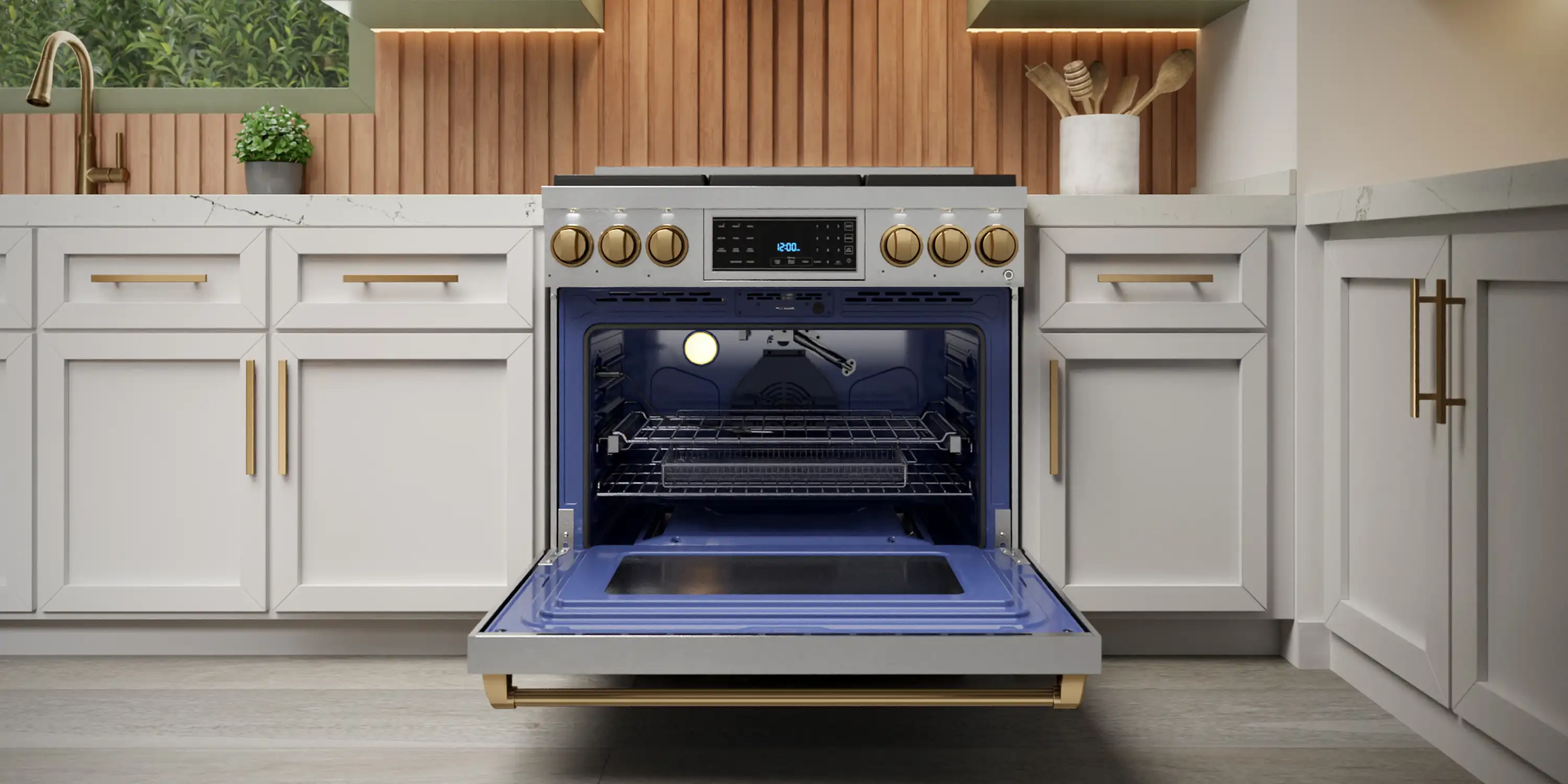 Gordon Ramsay by Thor Kitchen 4-Piece Appliance Package -  48-Inch Propane Gas Range, Wall Mount Range Hood, 36-Inch French Door Refrigerator, and Dishwasher in Stainless Steel with Bronze Trim - Image 7