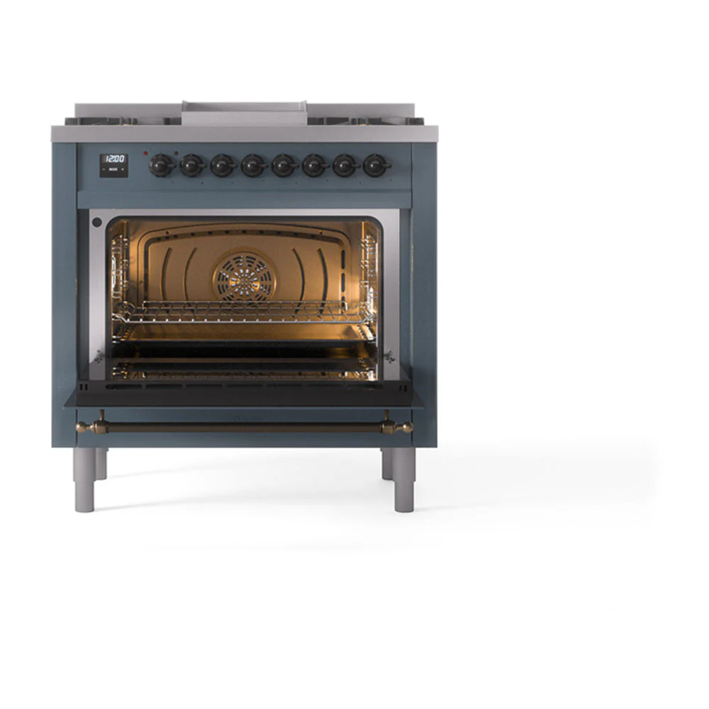 ILVE 36-Inch Nostalgie II Natural Gas Dual Fuel Range with 6 Burners and Solid Door Oven in Blue Grey with Bronze Trim (UP36FQNMPBGB) - Image 2