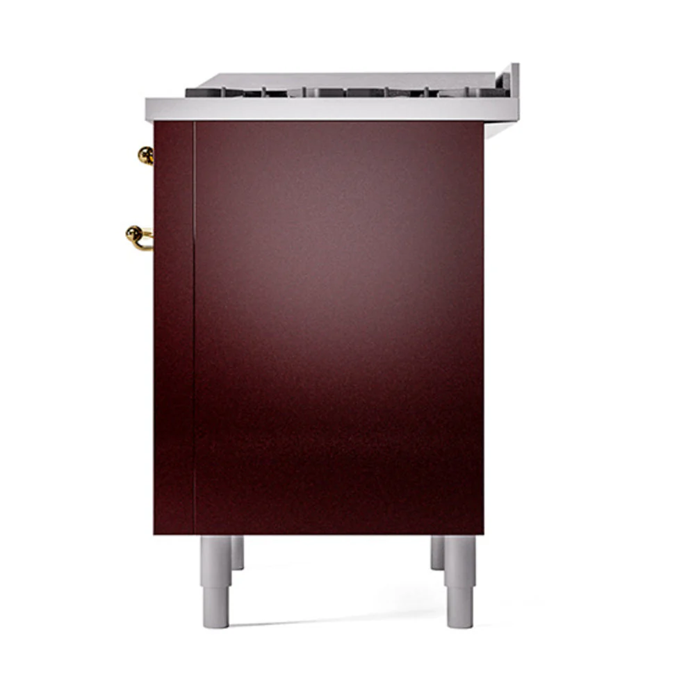 ILVE 36-Inch Nostalgie II Natural Gas Dual Fuel Range with 6 Burners and Solid Door Oven in Burgundy with Brass Trim (UP36FQNMPBUG) - Image 5