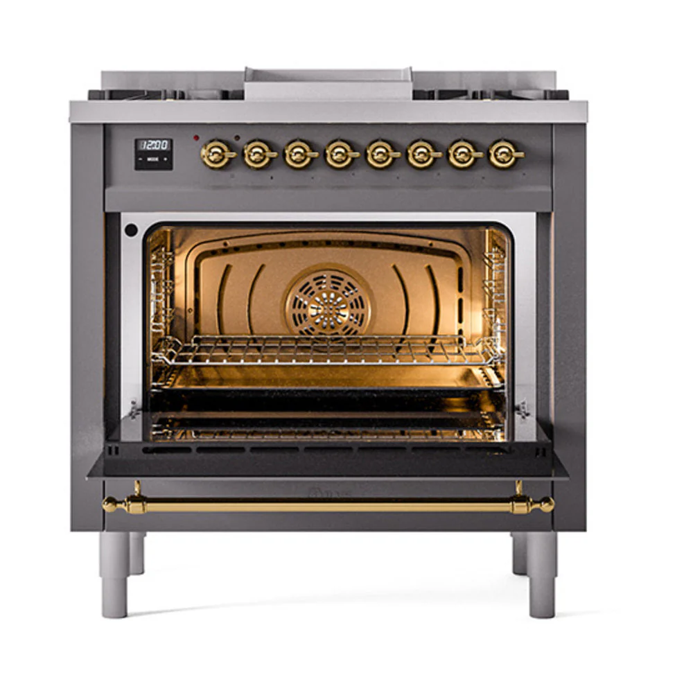 ILVE 36-Inch Nostalgie II Natural Gas Dual Fuel Range with 6 Burners and Solid Door Oven in Matte Graphite with Brass Trim (UP36FQNMPMGG) - Image 2