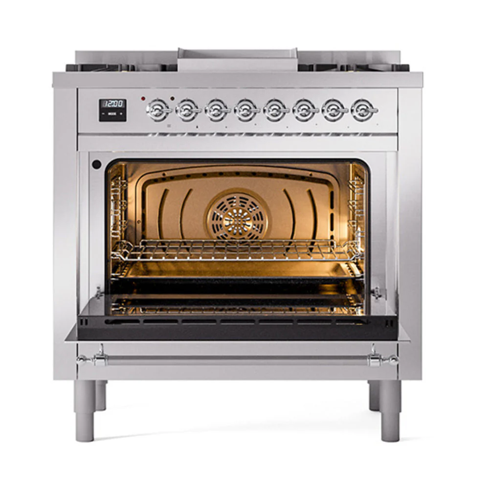 ILVE 36-Inch Nostalgie II Natural Gas Dual Fuel Range with 6 Burners and Solid Door Oven in Stainless Steel with Chrome Trim (UP36FQNMPSSC) - Image 2