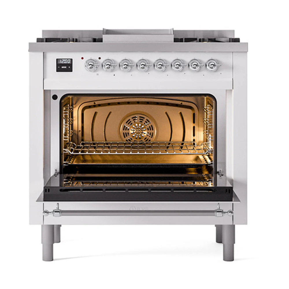 ILVE 36-Inch Nostalgie II Natural Gas Dual Fuel Range with 6 Burners and Solid Door Oven in White with Chrome Trim (UP36FQNMPWHC) - Image 2