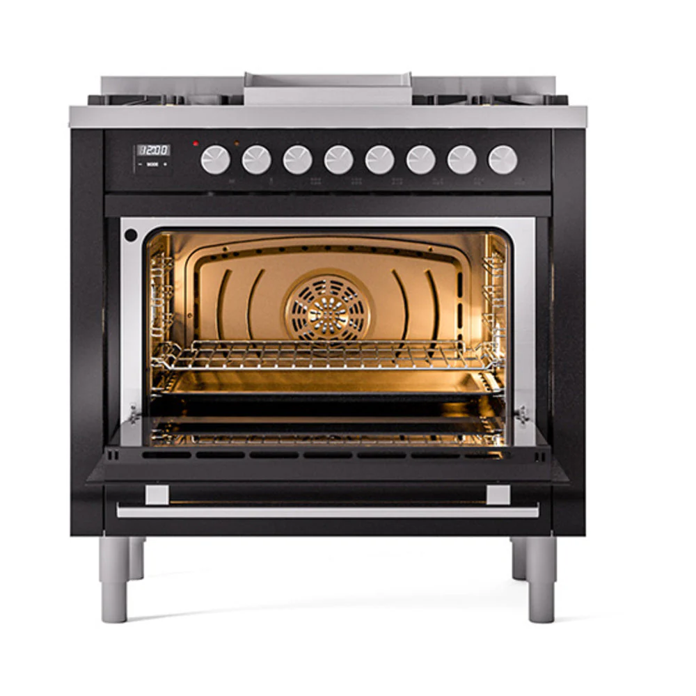 ILVE 36-Inch Professional Plus II Natural Gas Dual Fuel Range with 6 Burners and Solid Door in Glossy Black (UP36FQMPBK) - Image 2