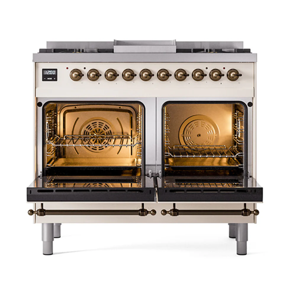 ILVE 40-Inch Nostalgie II Natural Gas Dual Fuel Range with 6 Burners, Griddle and Solid Door Oven in Antique White with Bronze Trim (UPD40FQNMPAWB) - Image 2