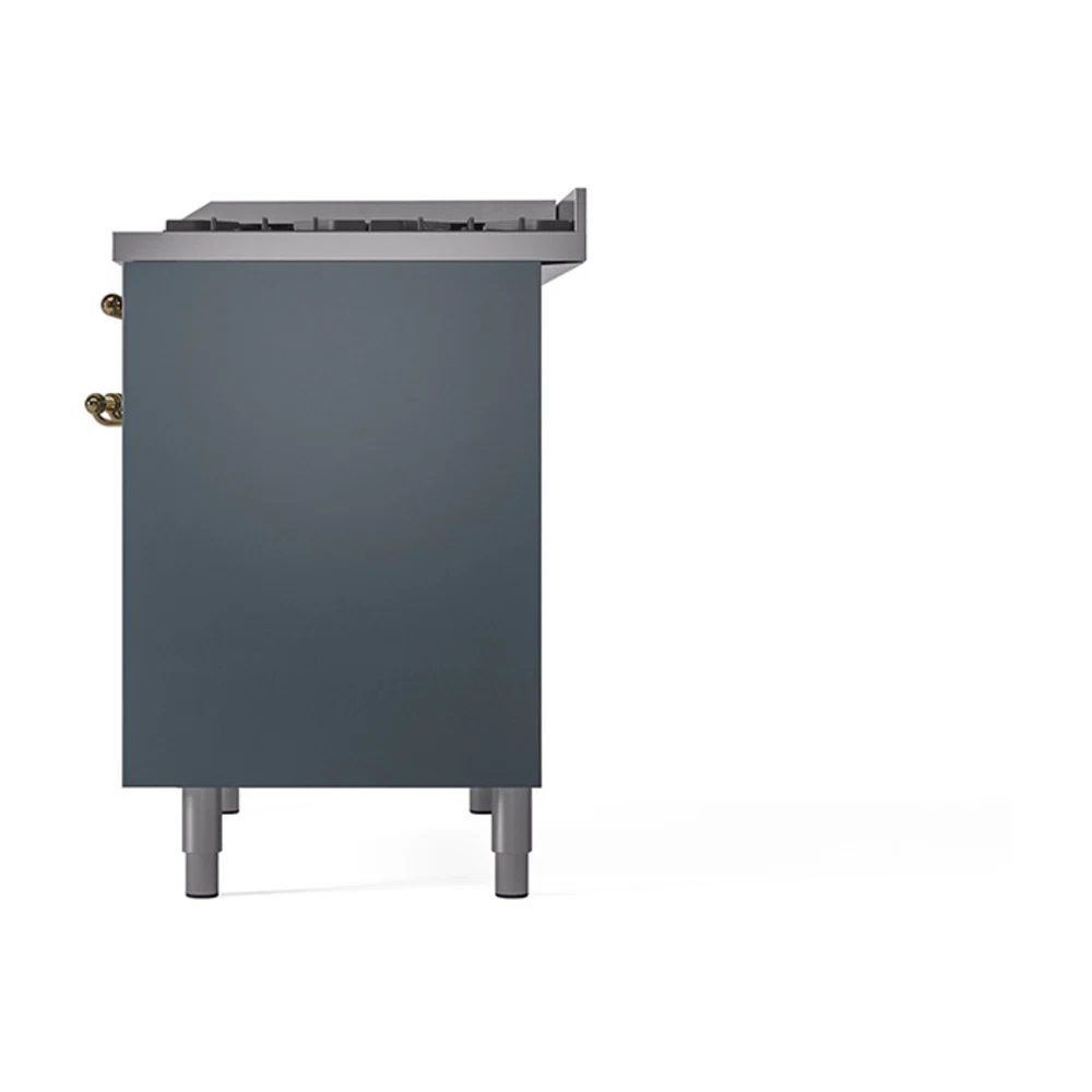 ILVE 40-Inch Nostalgie II Natural Gas Dual Fuel Range with 6 Burners, Griddle and Solid Door Oven in Blue Grey with Brass Trim (UPD40FQNMPBGG) - Image 5