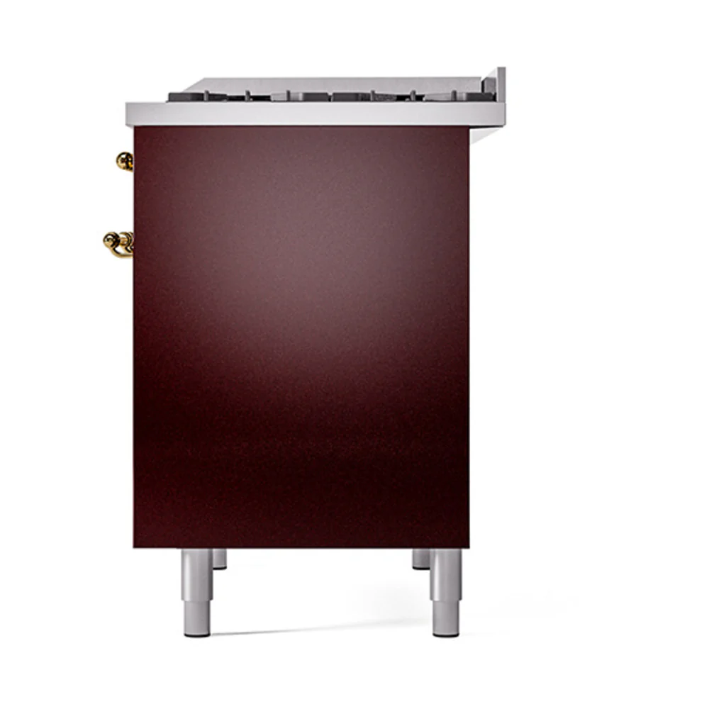 ILVE 40-Inch Nostalgie II Natural Gas Dual Fuel Range with 6 Burners, Griddle and Solid Door Oven in Burgundy with Brass Trim (UPD40FQNMPBUG) - Image 5