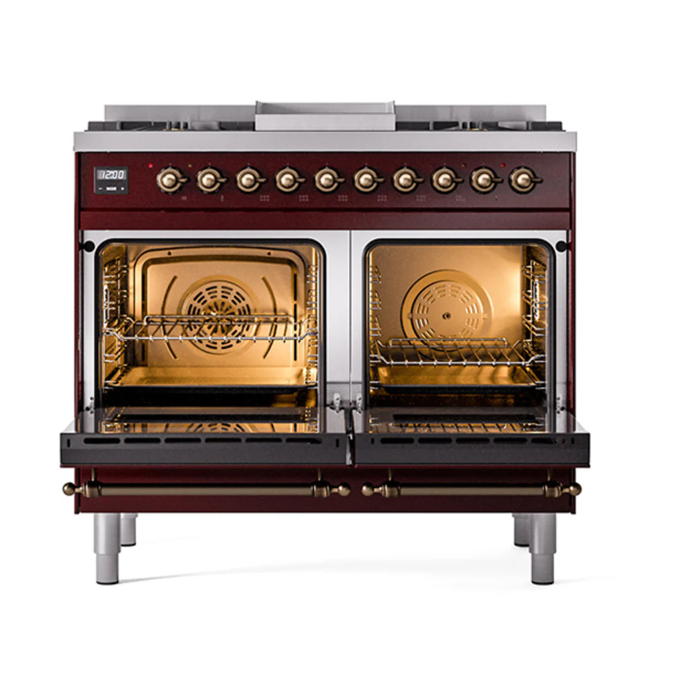 ILVE 40-Inch Nostalgie II Natural Gas Dual Fuel Range with 6 Burners, Griddle and Solid Door Oven in Burgundy with Bronze Trim (UPD40FQNMPBUB) - Image 2
