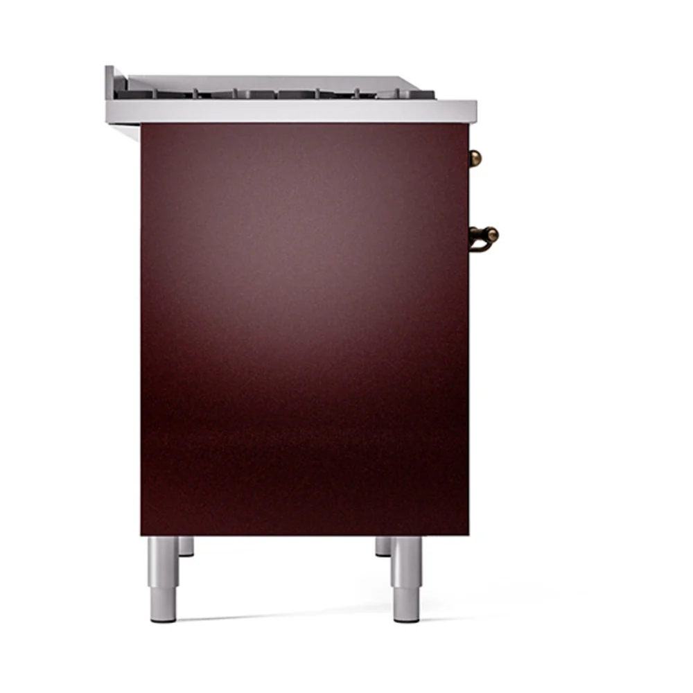 ILVE 40-Inch Nostalgie II Natural Gas Dual Fuel Range with 6 Burners, Griddle and Solid Door Oven in Burgundy with Bronze Trim (UPD40FQNMPBUB) - Image 4