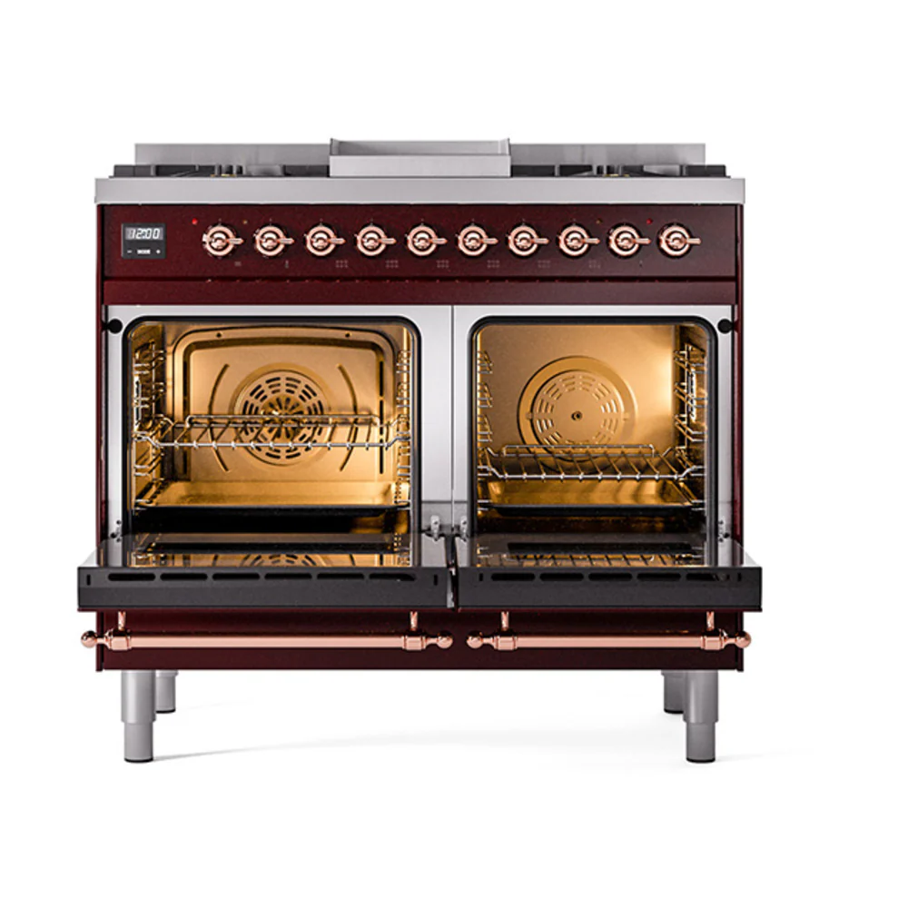 ILVE 40-Inch Nostalgie II Natural Gas Dual Fuel Range with 6 Burners, Griddle and Solid Door Oven in Burgundy with Copper Trim (UPD40FQNMPBUP) - Image 2