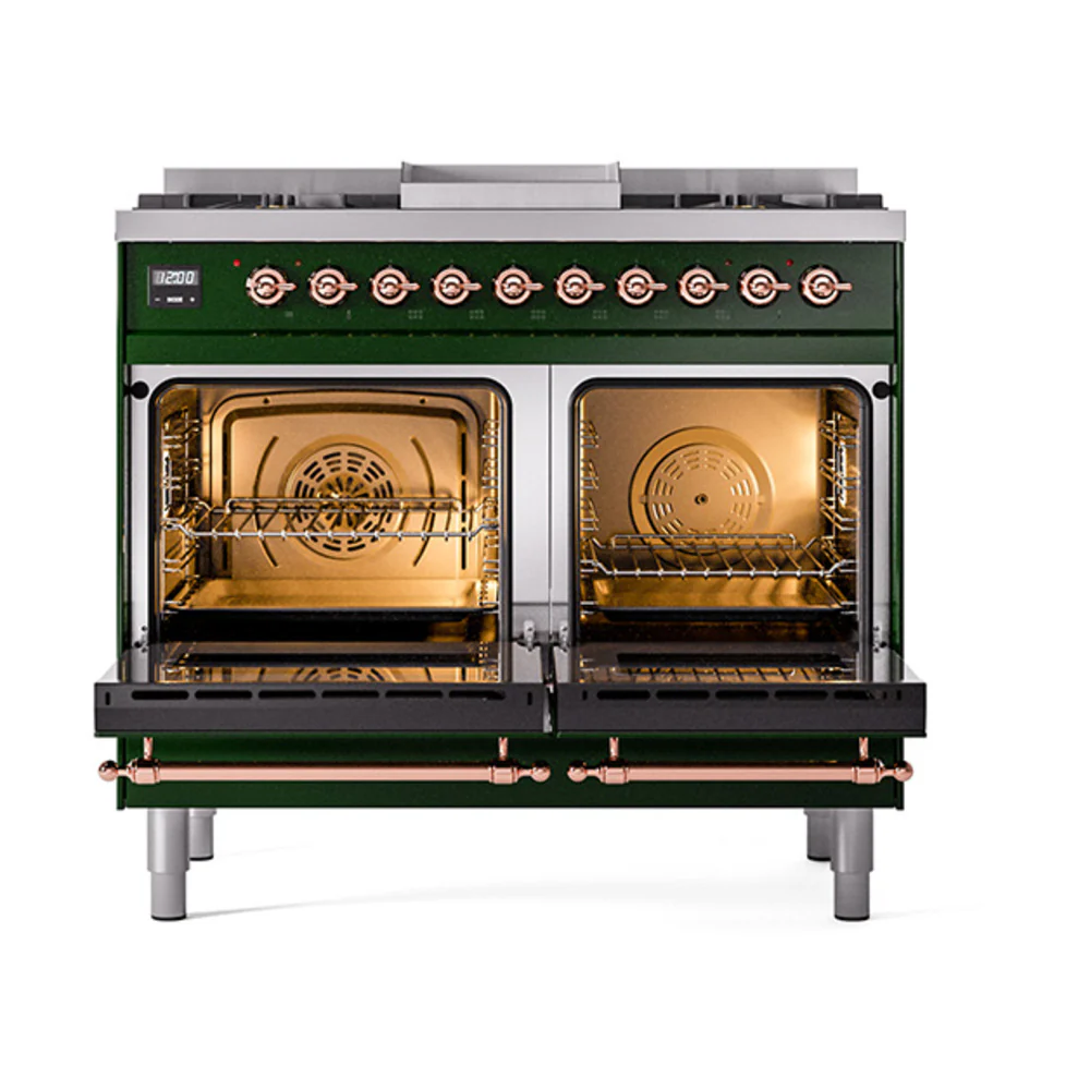 ILVE 40-Inch Nostalgie II Natural Gas Dual Fuel Range with 6 Burners, Griddle and Solid Door Oven in Emerald Green with Copper Trim (UPD40FQNMPEGP) - Image 2