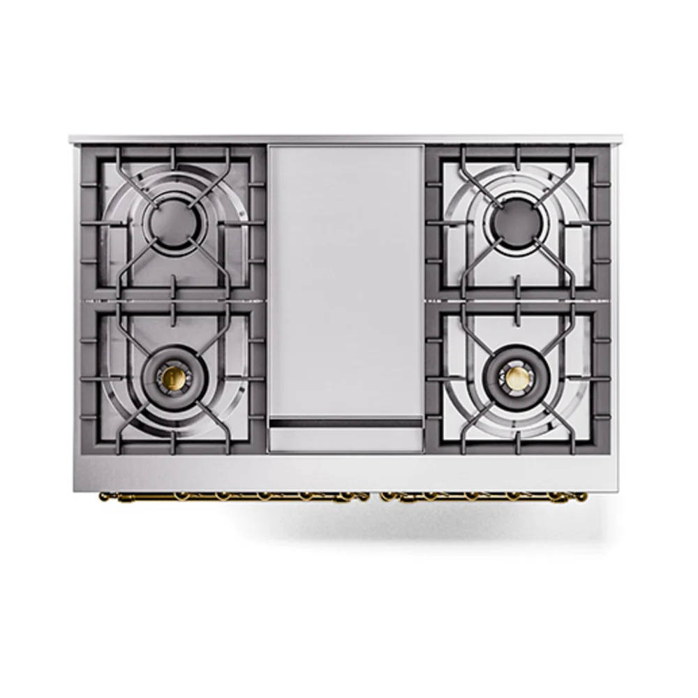 ILVE 40-Inch Nostalgie II Natural Gas Dual Fuel Range with 6 Burners, Griddle and Solid Door Oven in Glossy Black with Brass Trim (UPD40FQNMPBKG) - Image 3