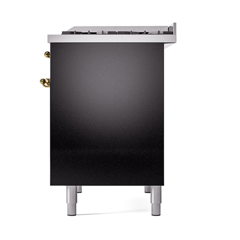 ILVE 40-Inch Nostalgie II Natural Gas Dual Fuel Range with 6 Burners, Griddle and Solid Door Oven in Glossy Black with Brass Trim (UPD40FQNMPBKG) - Image 5
