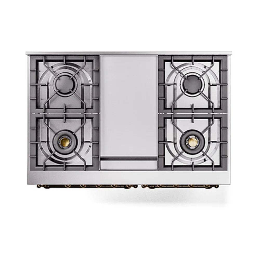 ILVE 40-Inch Nostalgie II Natural Gas Dual Fuel Range with 6 Burners, Griddle and Solid Door Oven in Glossy Black with Bronze Trim (UPD40FQNMPBKB) - Image 3