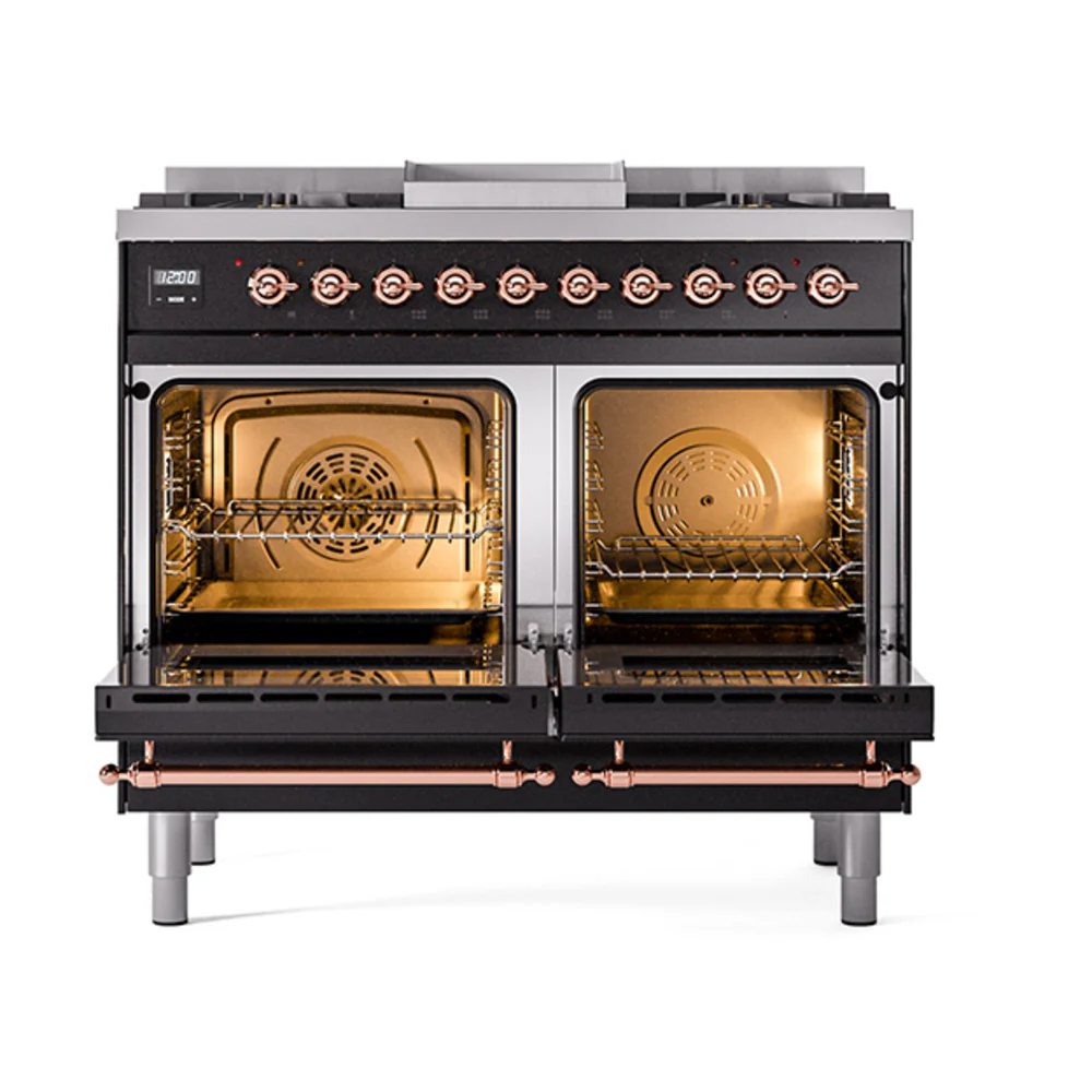 ILVE 40-Inch Nostalgie II Natural Gas Dual Fuel Range with 6 Burners, Griddle and Solid Door Oven in Glossy Black with Copper Trim (UPD40FQNMPBKP) - Image 2