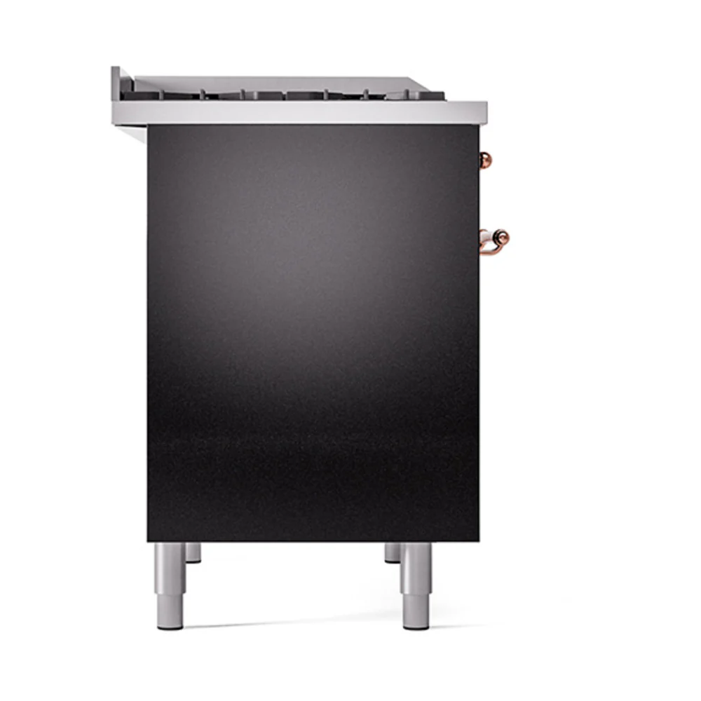 ILVE 40-Inch Nostalgie II Natural Gas Dual Fuel Range with 6 Burners, Griddle and Solid Door Oven in Glossy Black with Copper Trim (UPD40FQNMPBKP) - Image 4