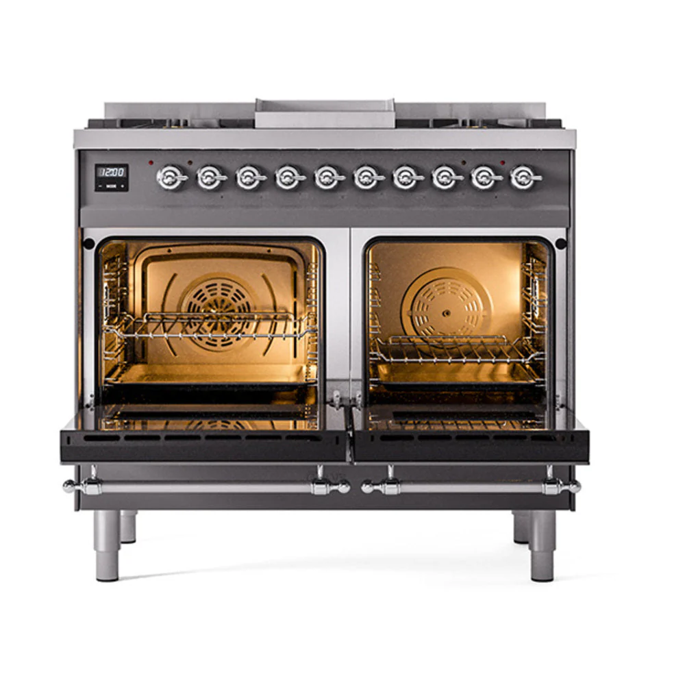ILVE 40-Inch Nostalgie II Natural Gas Dual Fuel Range with 6 Burners, Griddle and Solid Door Oven in Matte Graphite in Chrome Trim (UPD40FQNMPMGC) - Image 2