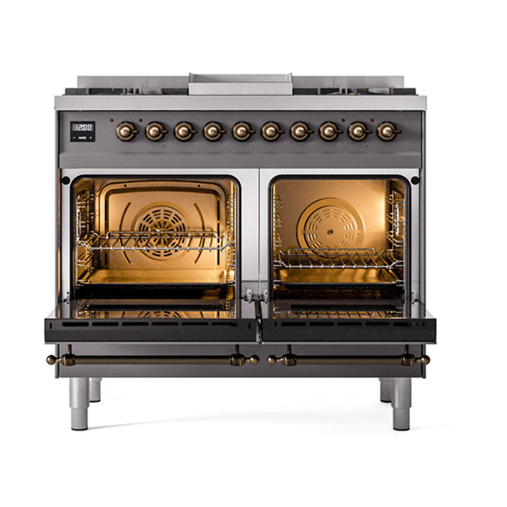 ILVE 40-Inch Nostalgie II Natural Gas Dual Fuel Range with 6 Burners, Griddle and Solid Door Oven in Matte Graphite with Bronze Trim (UPD40FQNMPMGB) - Image 2