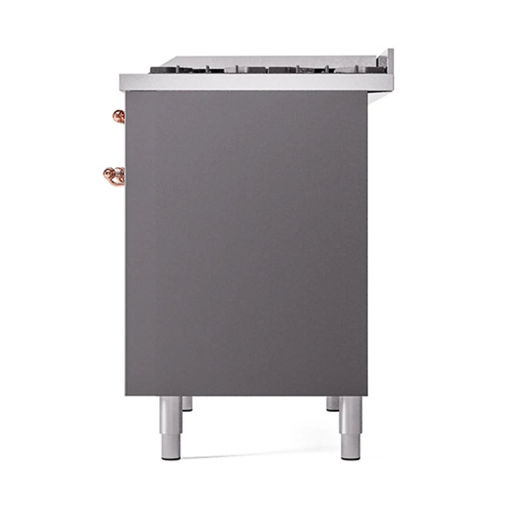 ILVE 40-Inch Nostalgie II Natural Gas Dual Fuel Range with 6 Burners, Griddle and Solid Door Oven in Matte Graphite with Copper Trim (UPD40FQNMPMGP) - Image 5