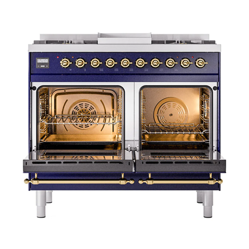 ILVE 40-Inch Nostalgie II Natural Gas Dual Fuel Range with 6 Burners, Griddle and Solid Door Oven in Midnight Blue with Brass Trim (UPD40FQNMPMBG) - Image 2
