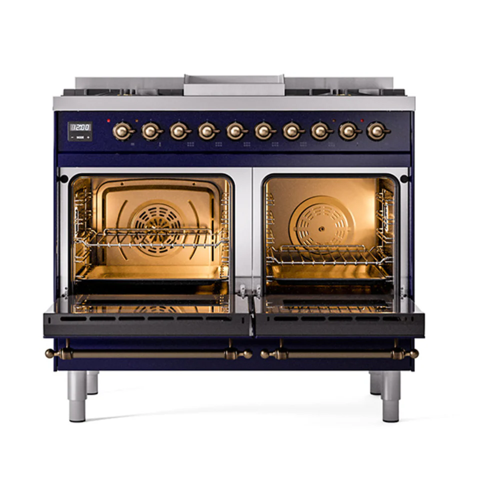 ILVE 40-Inch Nostalgie II Natural Gas Dual Fuel Range with 6 Burners, Griddle and Solid Door Oven in Midnight Blue with Bronze Trim (UPD40FQNMPMBB) - Image 2