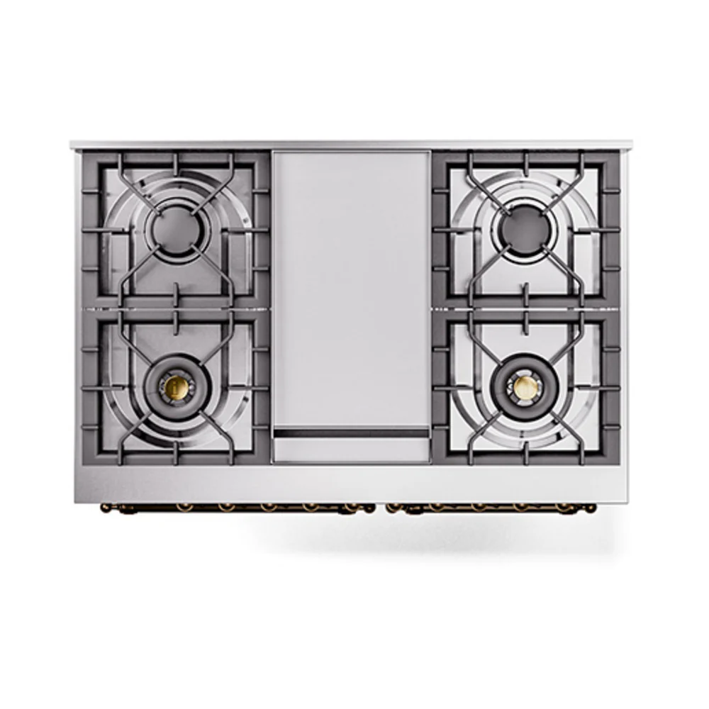 ILVE 40-Inch Nostalgie II Natural Gas Dual Fuel Range with 6 Burners, Griddle and Solid Door Oven in Midnight Blue with Bronze Trim (UPD40FQNMPMBB) - Image 3