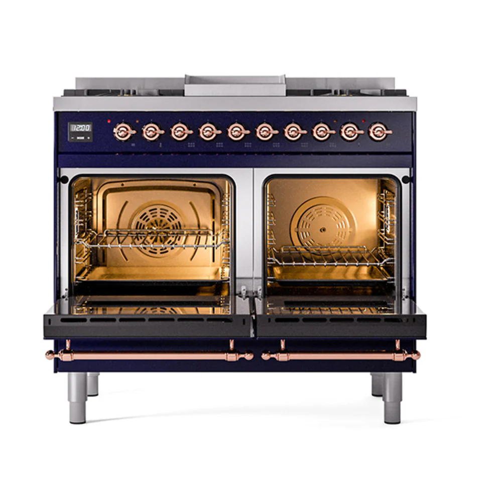 ILVE 40-Inch Nostalgie II Natural Gas Dual Fuel Range with 6 Burners, Griddle and Solid Door Oven in Midnight Blue with Copper Trim (UPD40FQNMPMBP) - Image 2