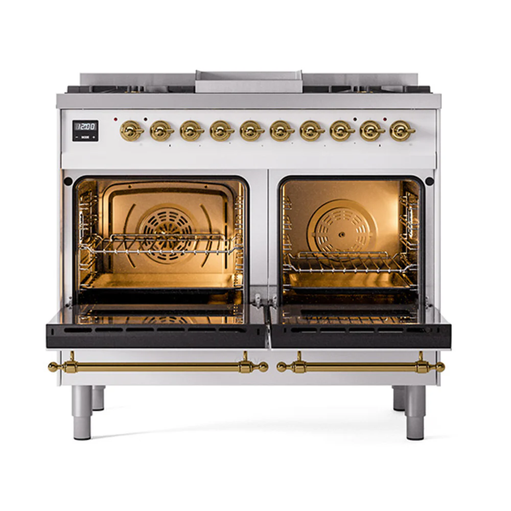 ILVE 40-Inch Nostalgie II Natural Gas Dual Fuel Range with 6 Burners, Griddle and Solid Door Oven in RAL with Brass Trim (UPD40FQNMPRAG) - Image 2