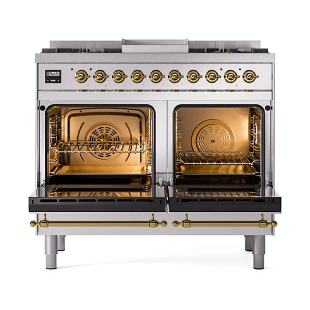 ILVE 40-Inch Nostalgie II Natural Gas Dual Fuel Range with 6 Burners, Griddle and Solid Door Oven in Stainless Steel with Brass Trim (UPD40FQNMPSSG) - Image 2