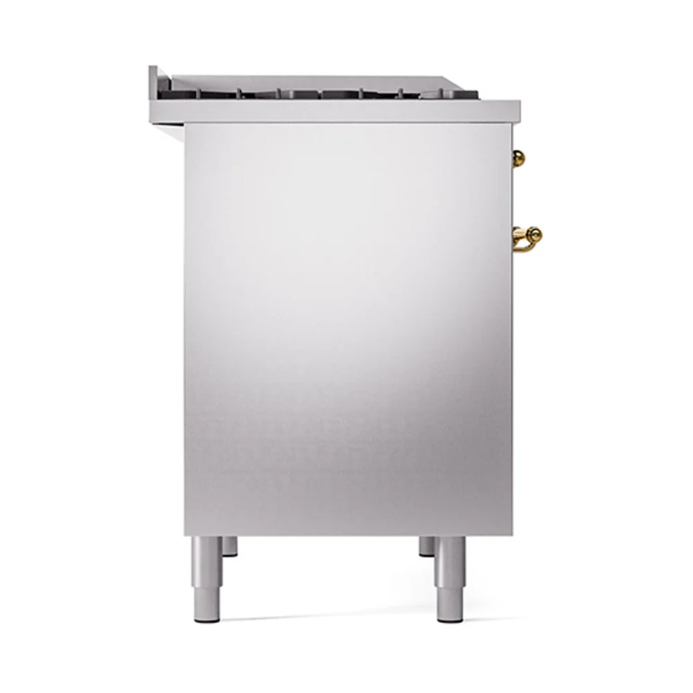 ILVE 40-Inch Nostalgie II Natural Gas Dual Fuel Range with 6 Burners, Griddle and Solid Door Oven in Stainless Steel with Brass Trim (UPD40FQNMPSSG) - Image 4