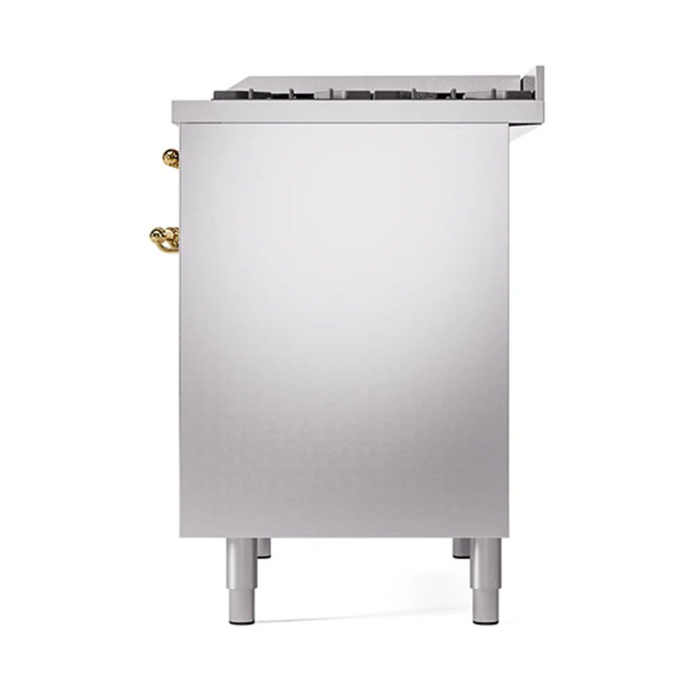 ILVE 40-Inch Nostalgie II Natural Gas Dual Fuel Range with 6 Burners, Griddle and Solid Door Oven in Stainless Steel with Brass Trim (UPD40FQNMPSSG) - Image 5