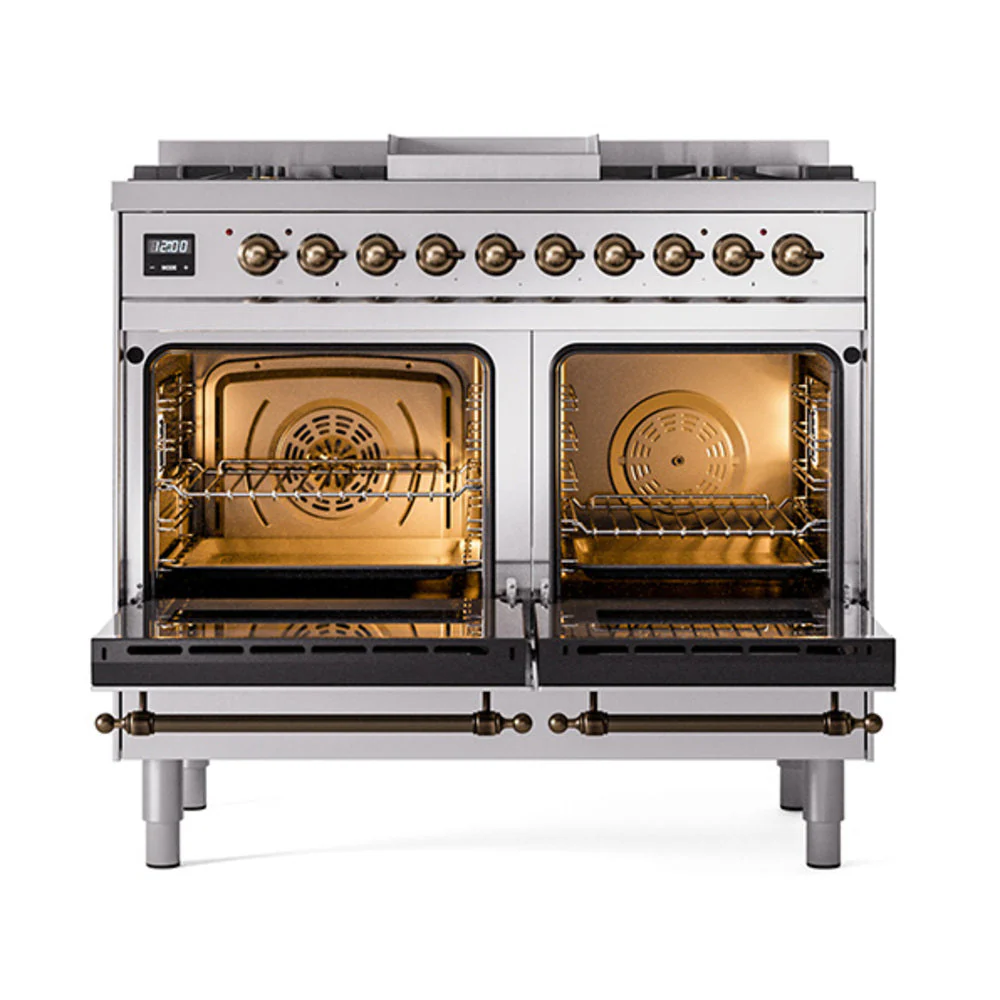 ILVE 40-Inch Nostalgie II Natural Gas Dual Fuel Range with 6 Burners, Griddle and Solid Door Oven in Stainless Steel with Bronze Trim(UPD40FQNMPSSB) - Image 2